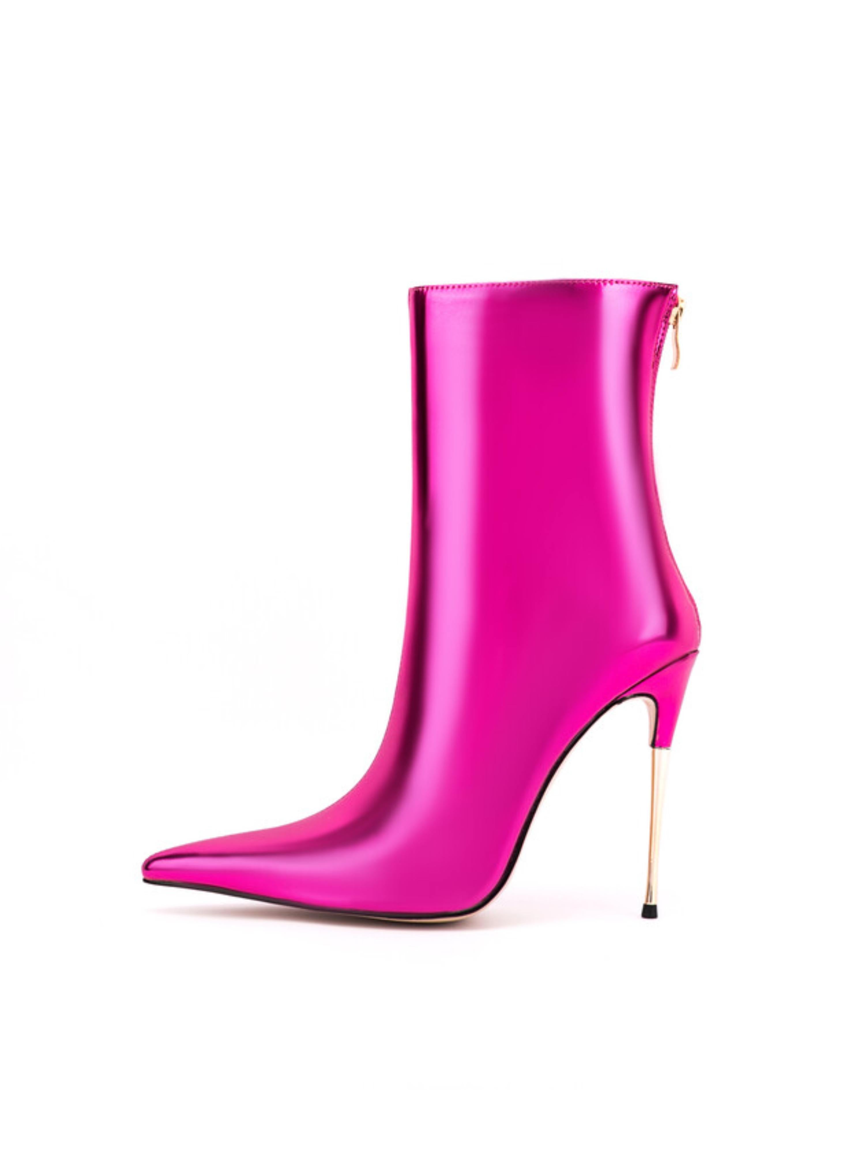 Fuchsia Faux Leather Stiletto Heels Short Boots for Women