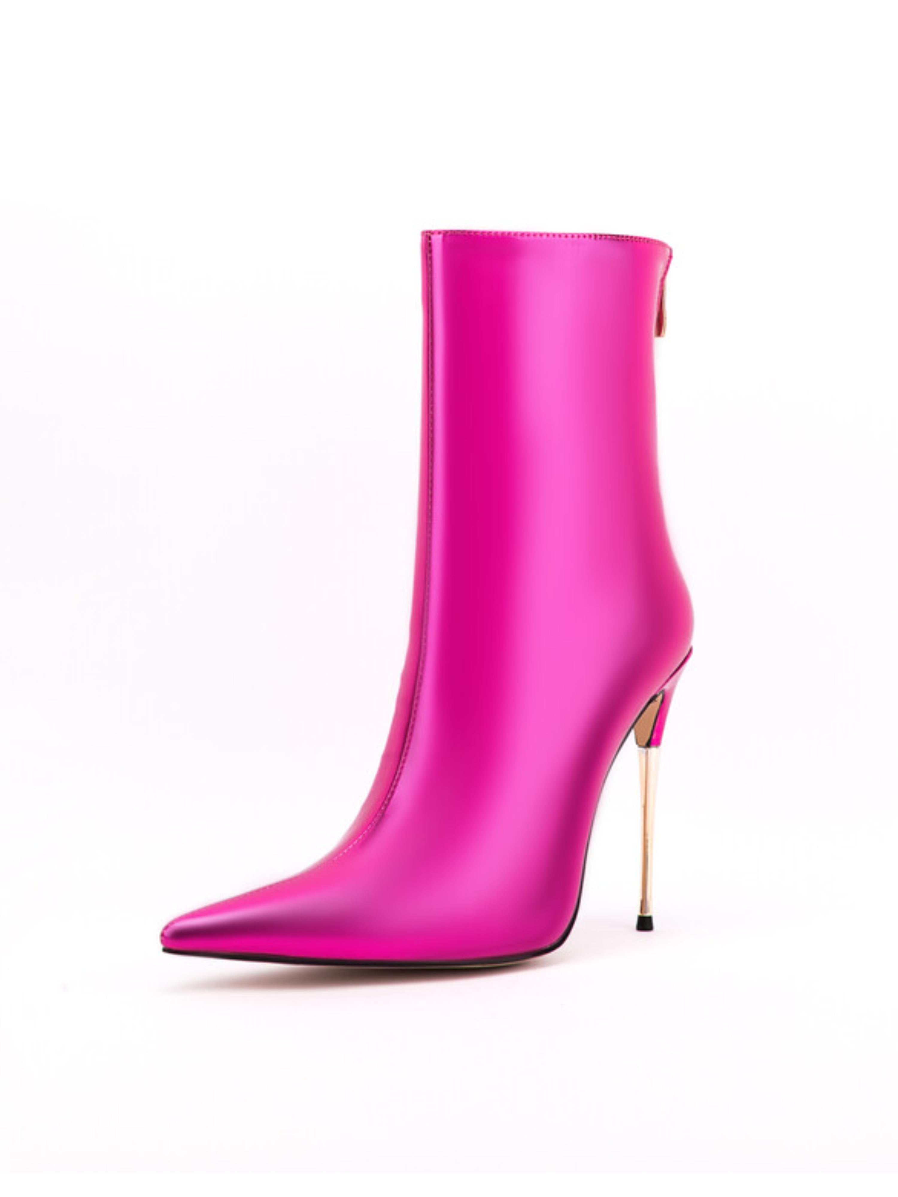 Fuchsia Faux Leather Stiletto Heels Short Boots for Women
