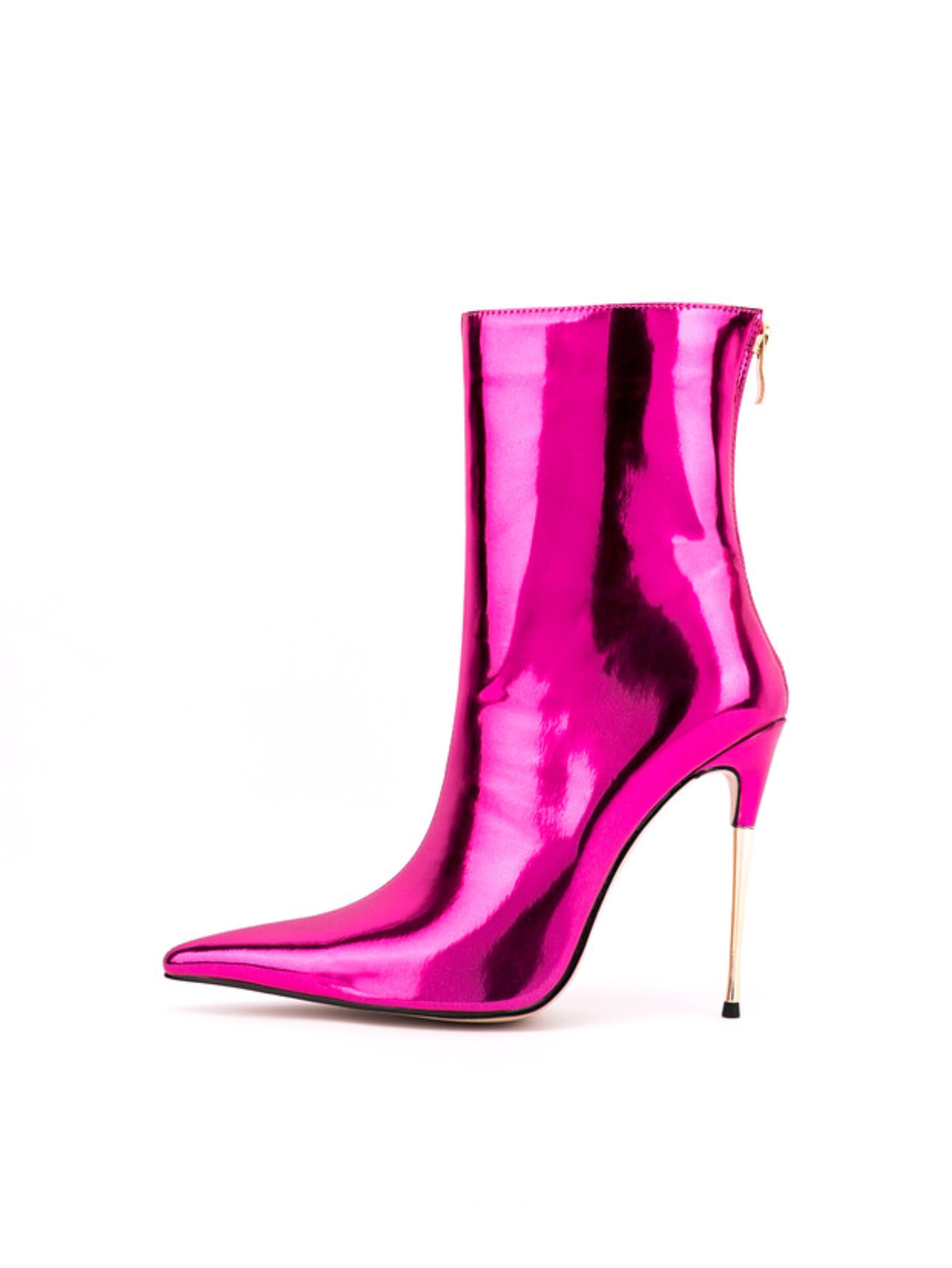 Fuchsia Mirror Pointed Toe Ankle Boots with Stiletto Heels