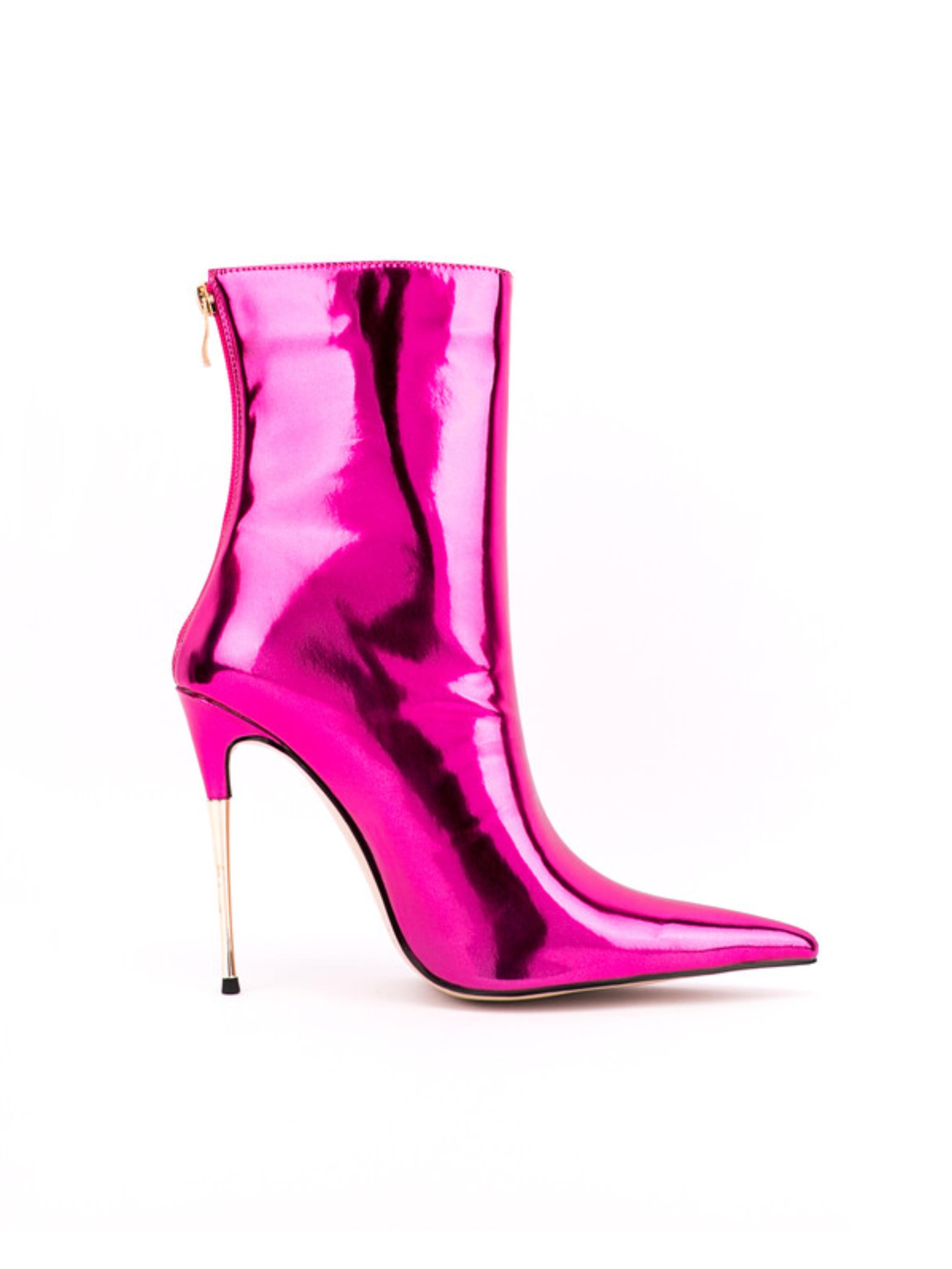 Fuchsia Mirror Pointed Toe Ankle Boots with Stiletto Heels