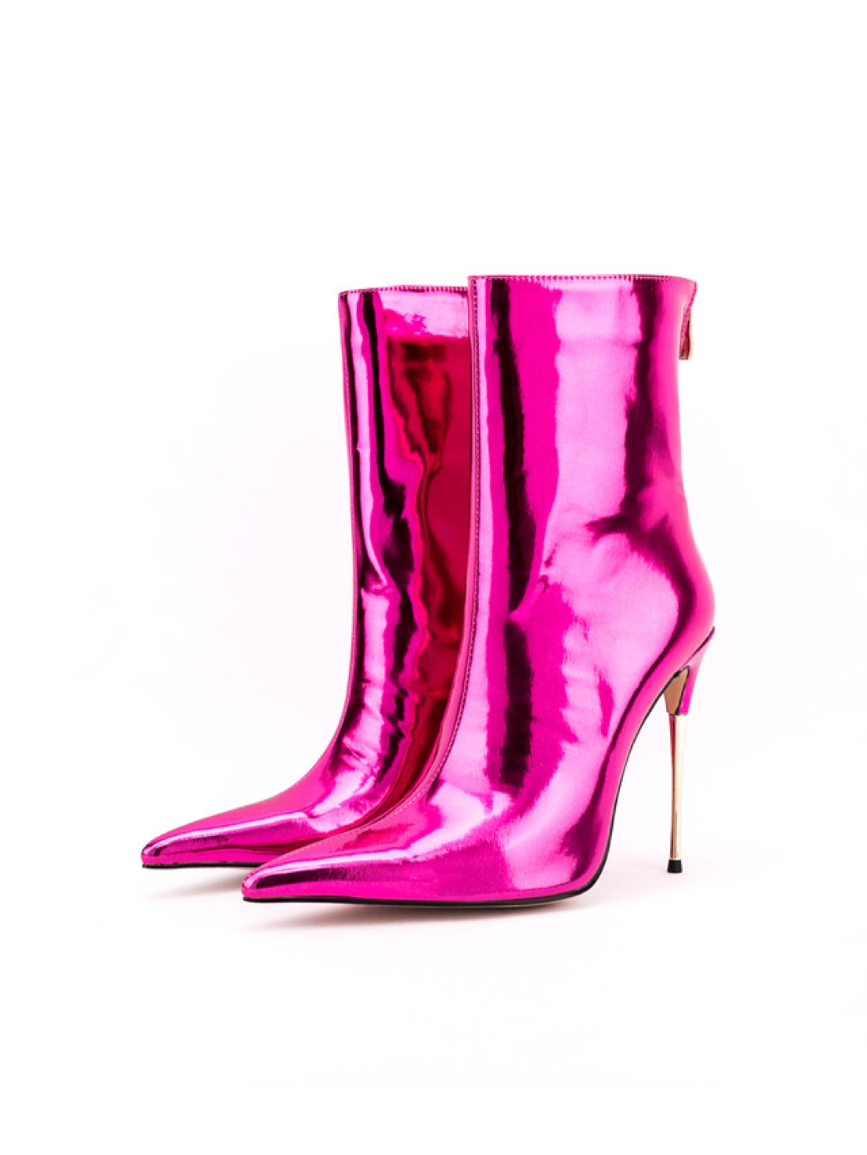 Fuchsia Mirror Pointed Toe Ankle Boots with Stiletto Heels