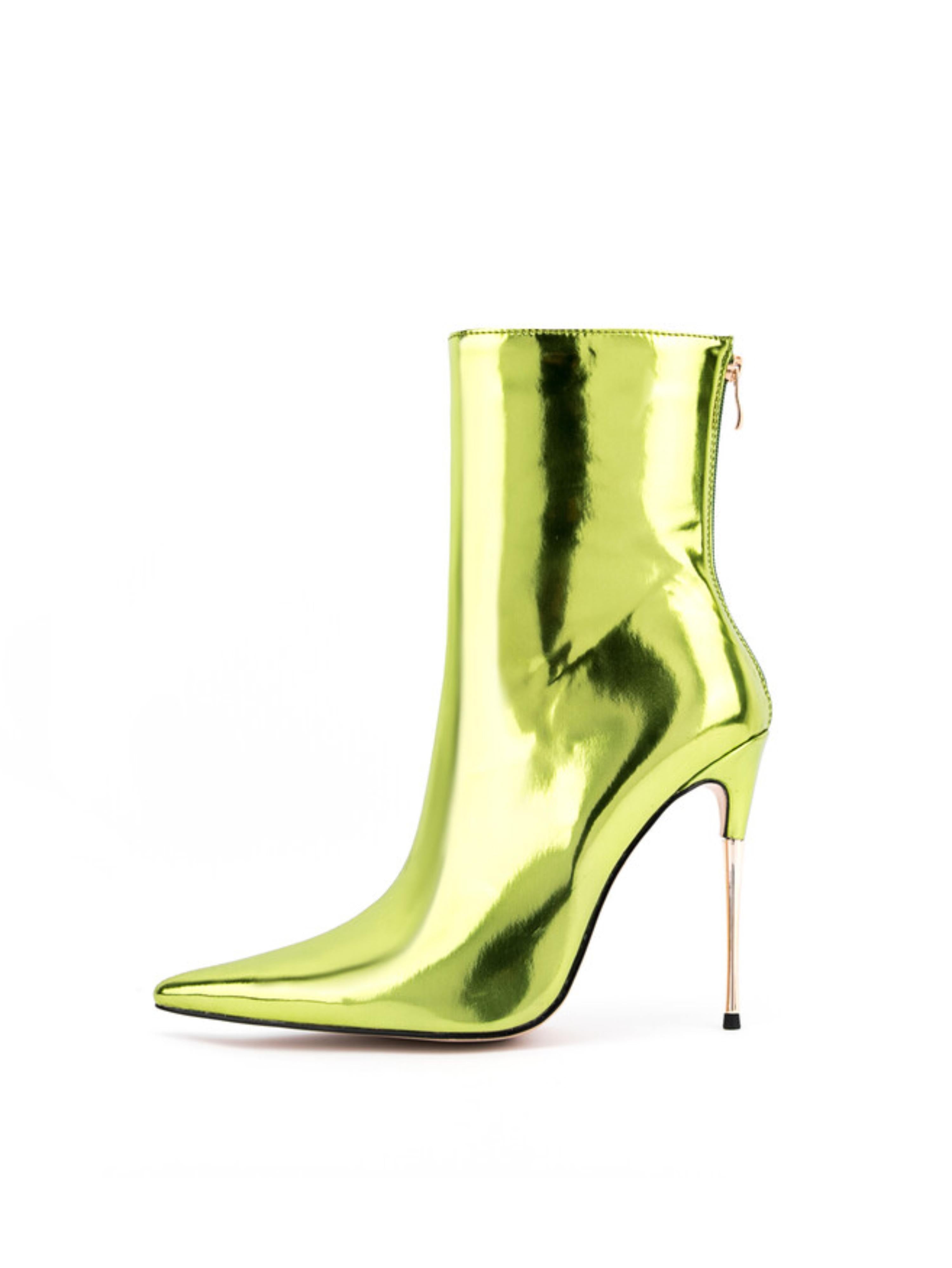 Olive Green Pointed Toe High Heel Short Booties with Zipper