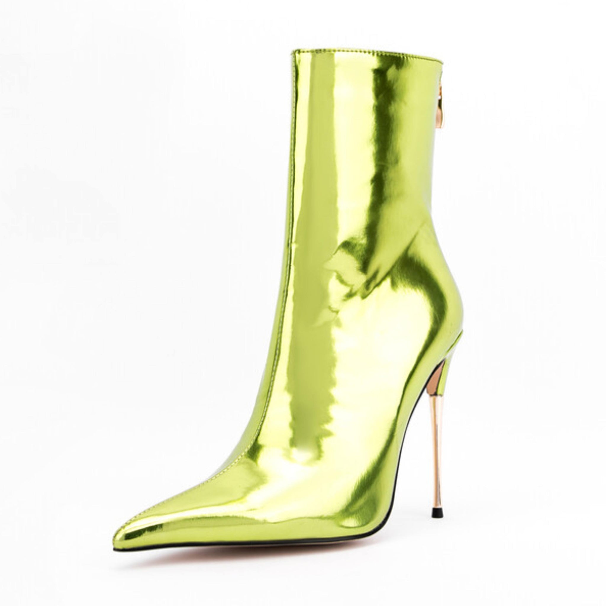 Olive Green Pointed Toe High Heel Short Booties with Zipper