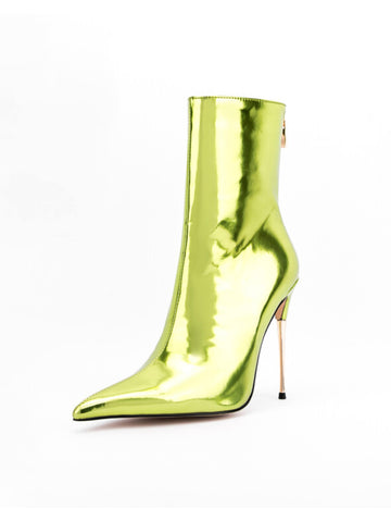 Olive Green Pointed Toe High Heel Short Booties with Zipper