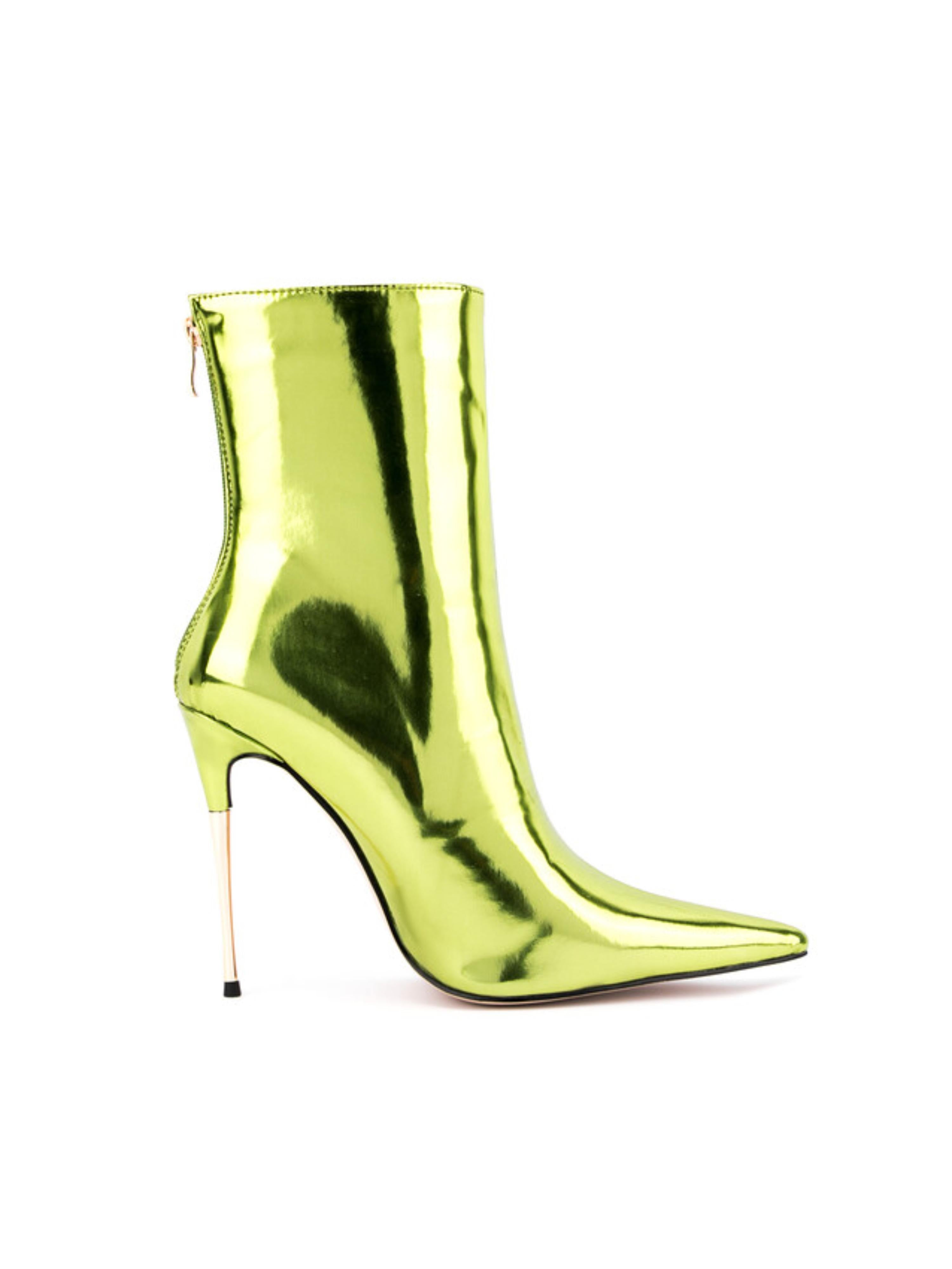 Olive Green Pointed Toe High Heel Short Booties with Zipper