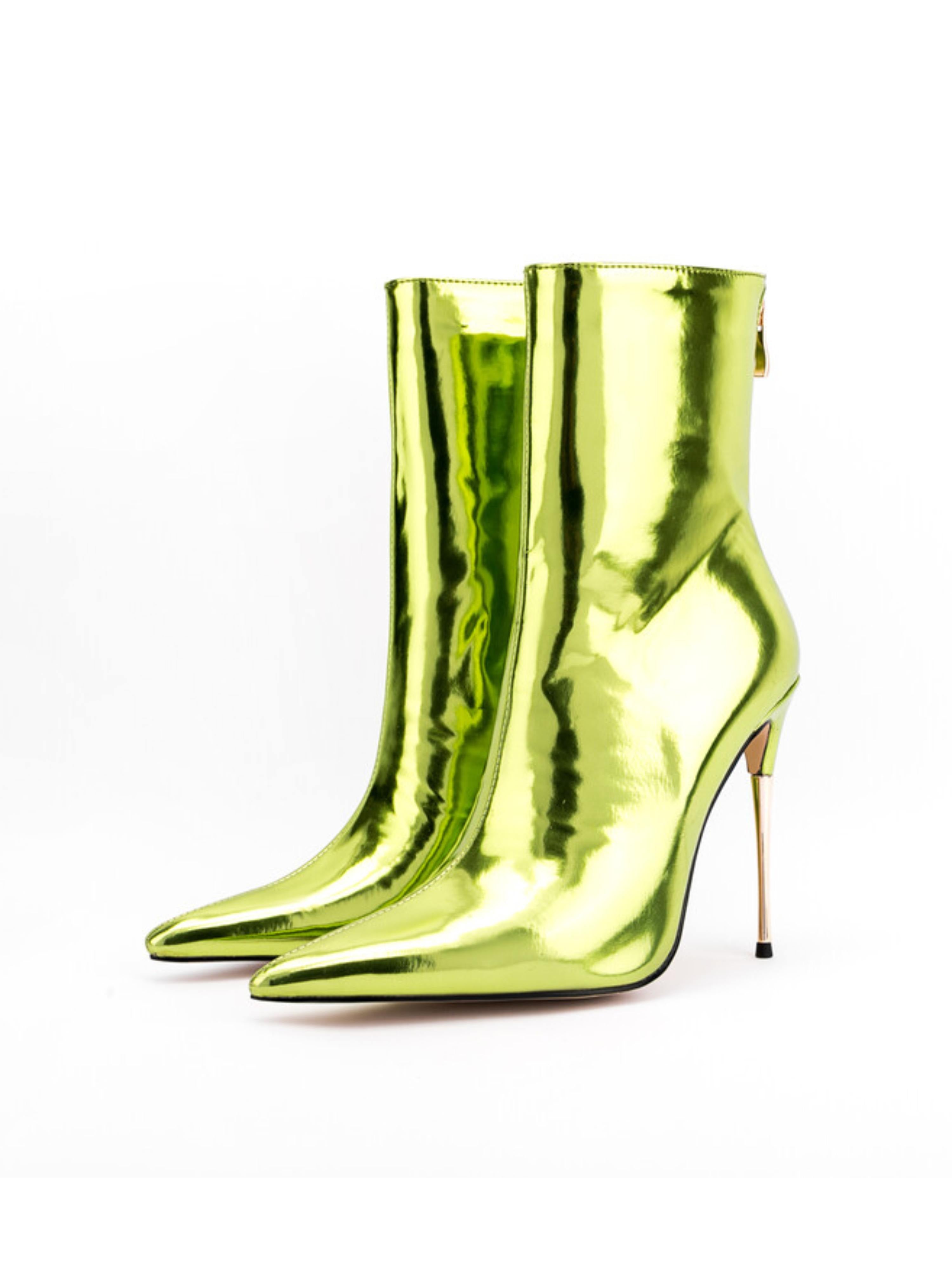 Olive Green Pointed Toe High Heel Short Booties with Zipper