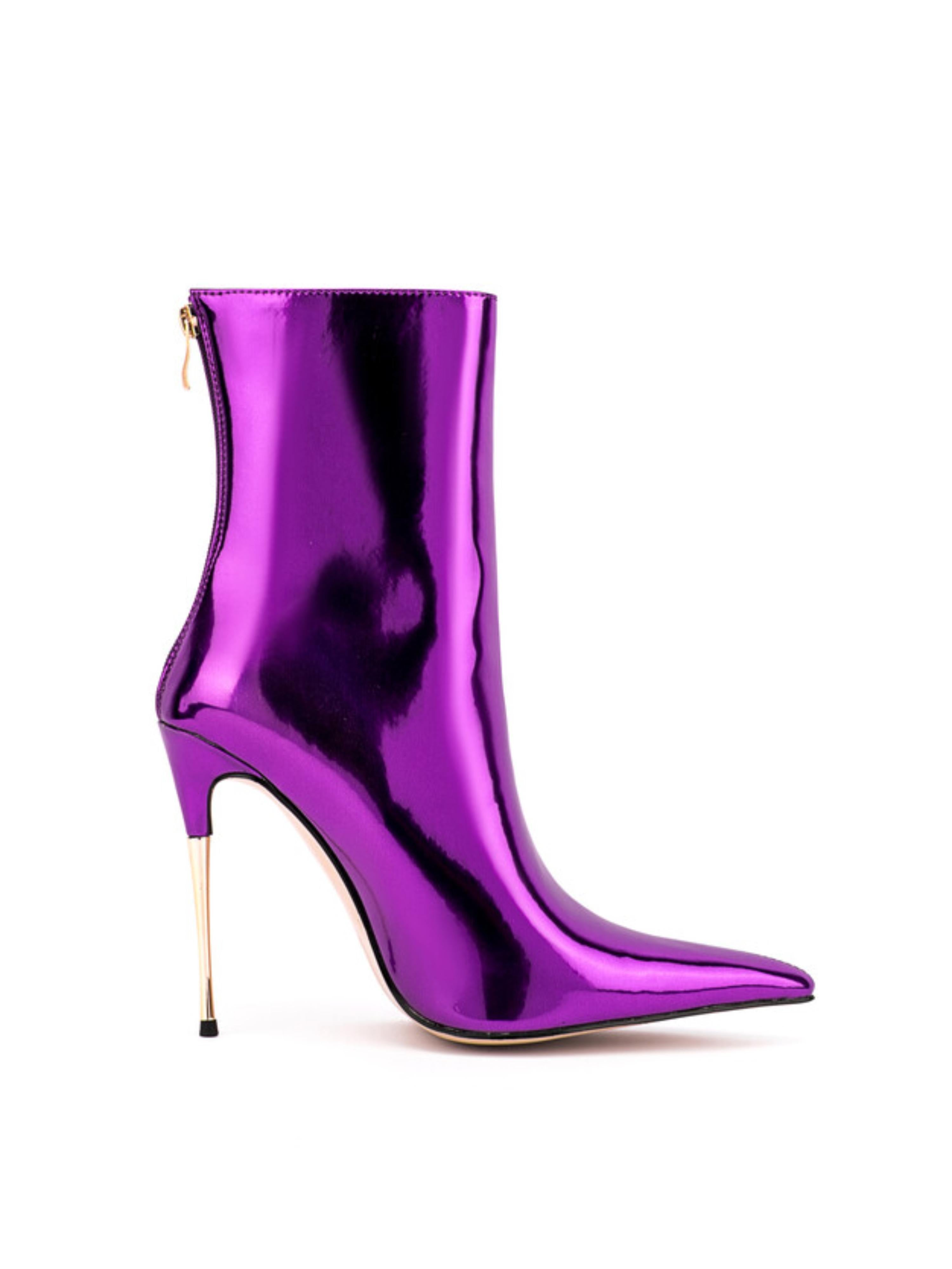 Metallic Purple Pointed Toe Ankle Boots with High Heels