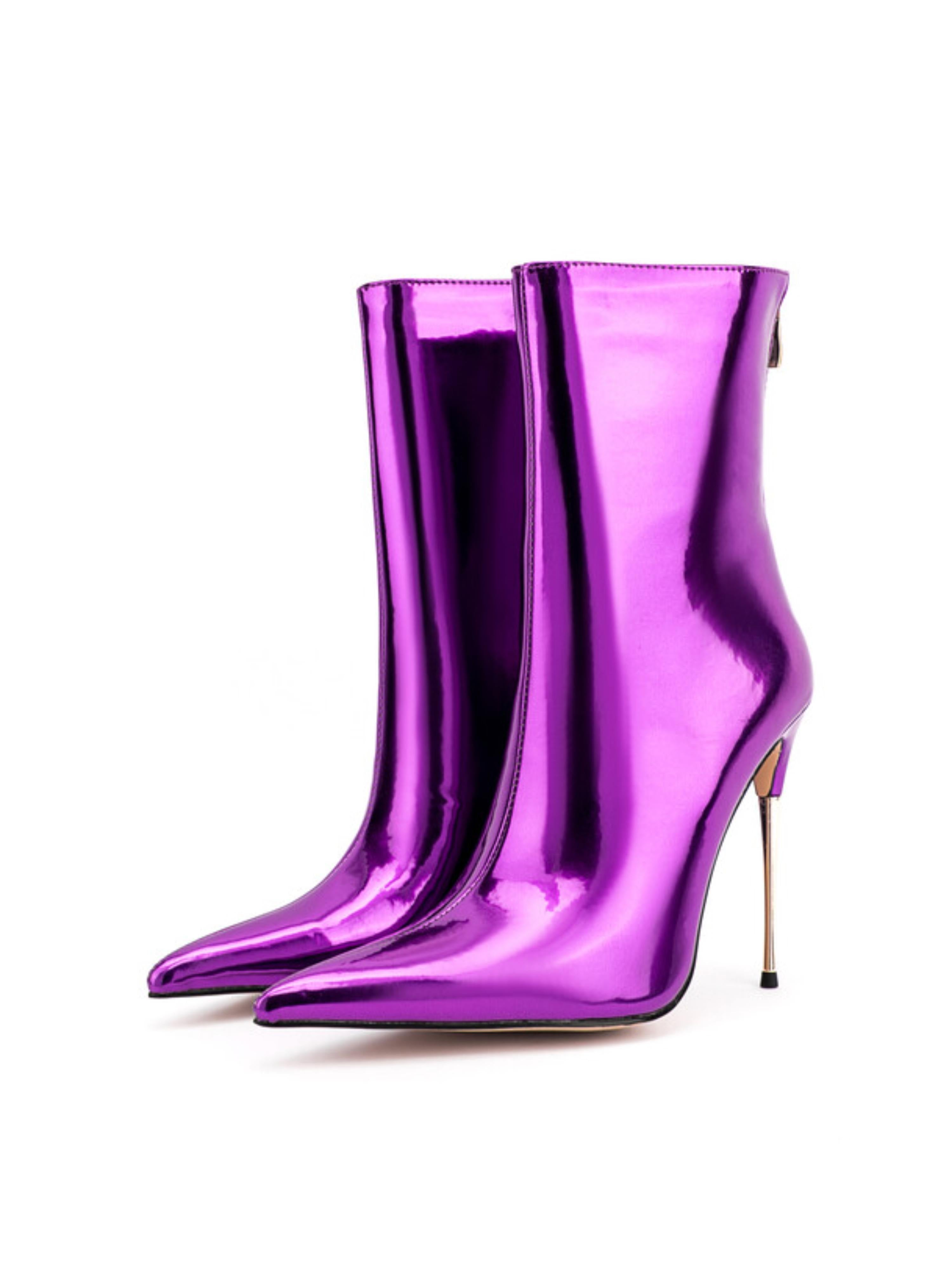 Metallic Purple Pointed Toe Ankle Boots with High Heels