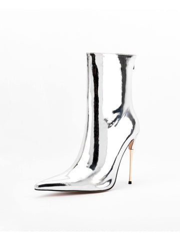 Silver Mirror Finish High Heel Ankle Boots for Women