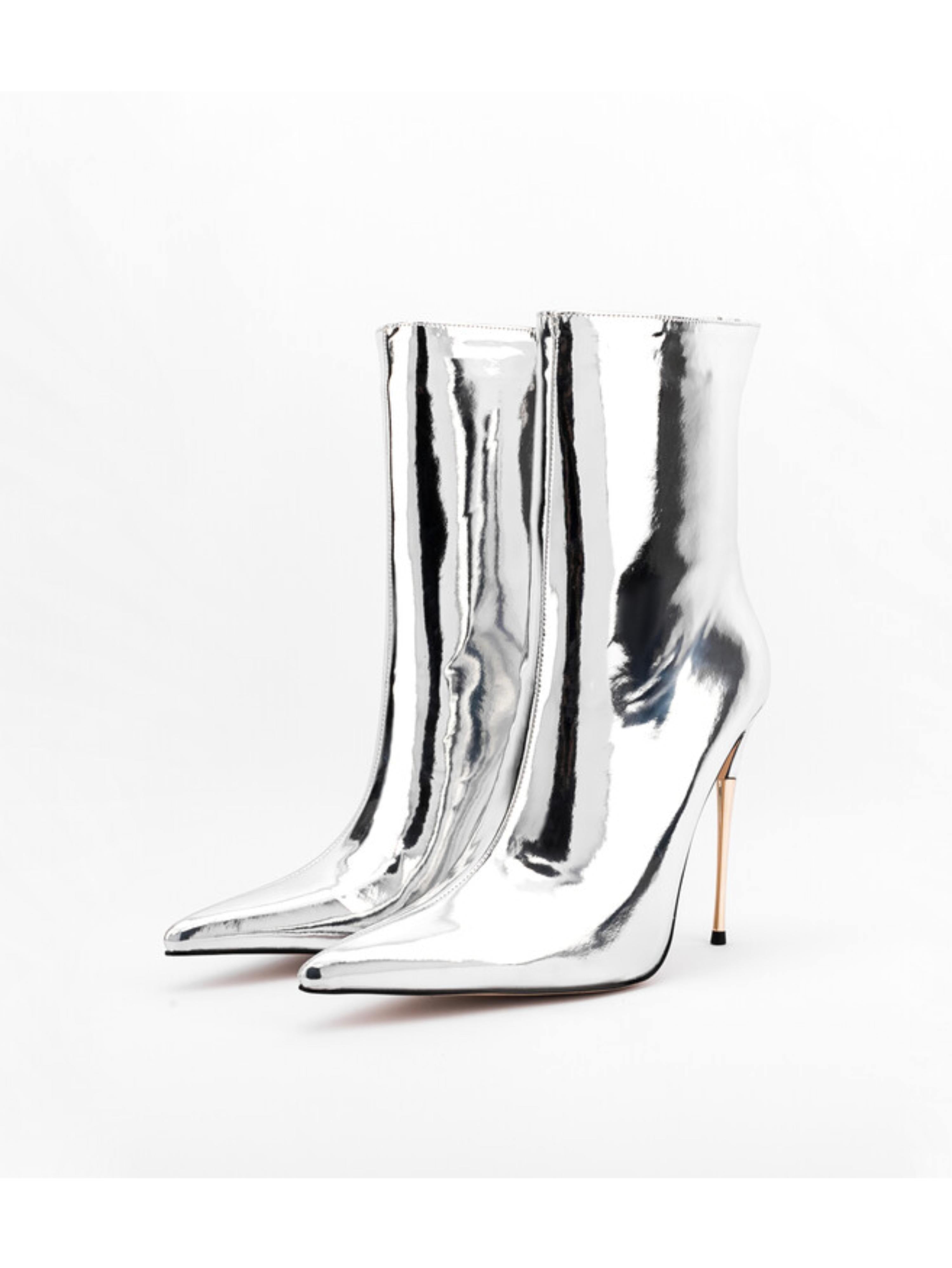 Silver Mirror Finish High Heel Ankle Boots for Women