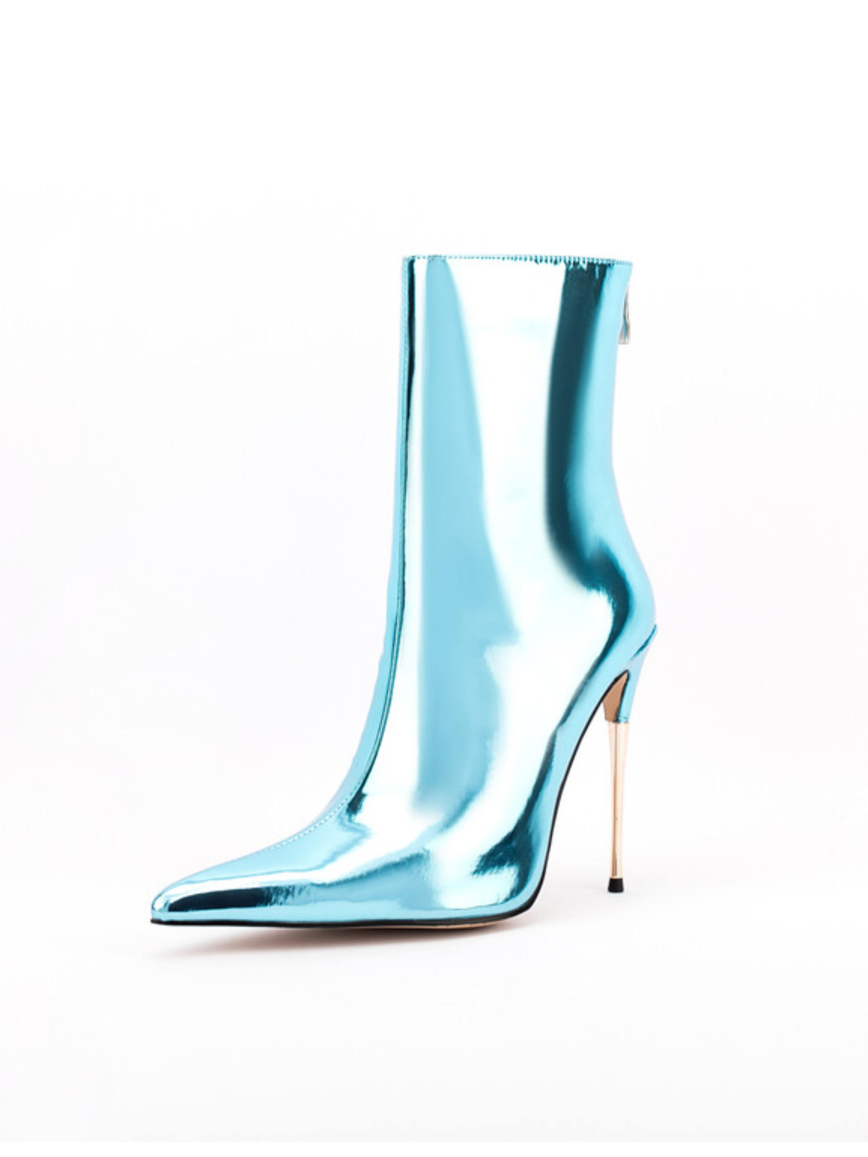 Light Blue Mirror Finish Stilettos Ankle Boots for Women