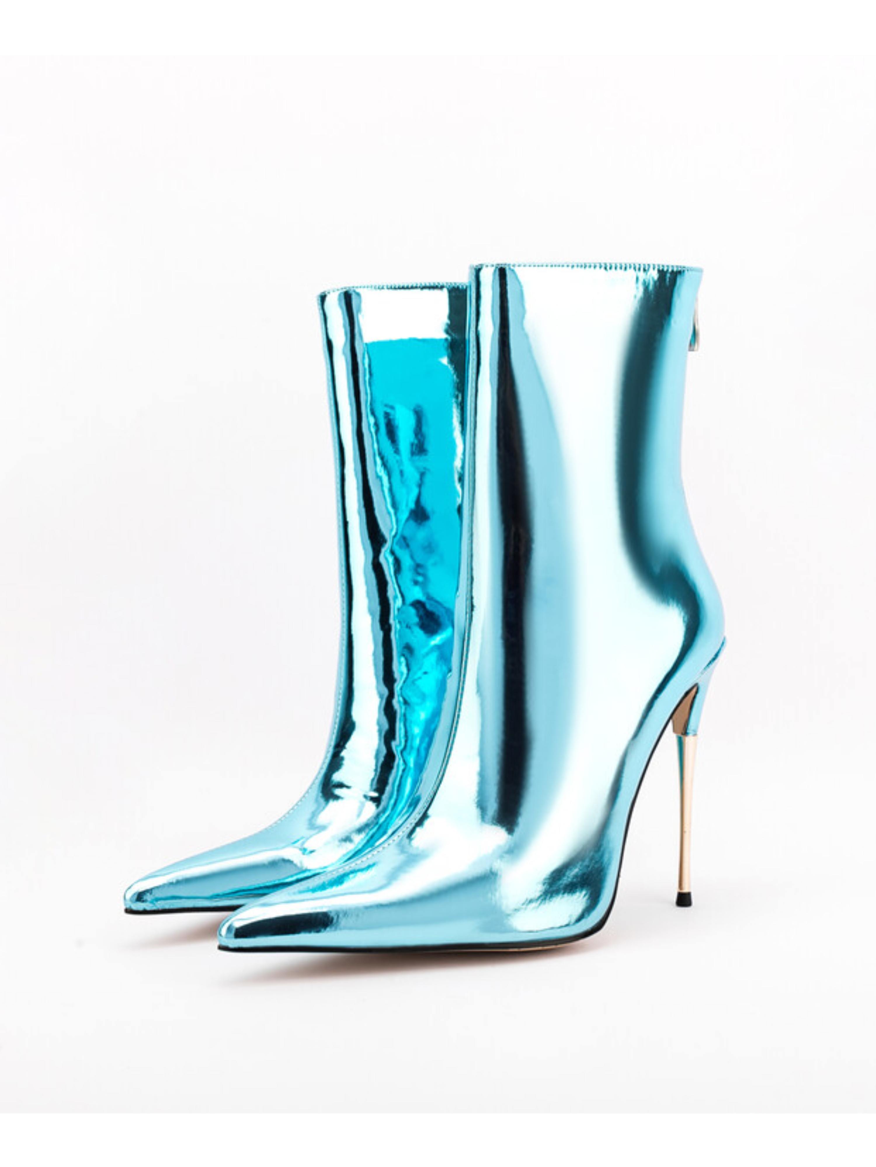 Light Blue Mirror Finish Stilettos Ankle Boots for Women