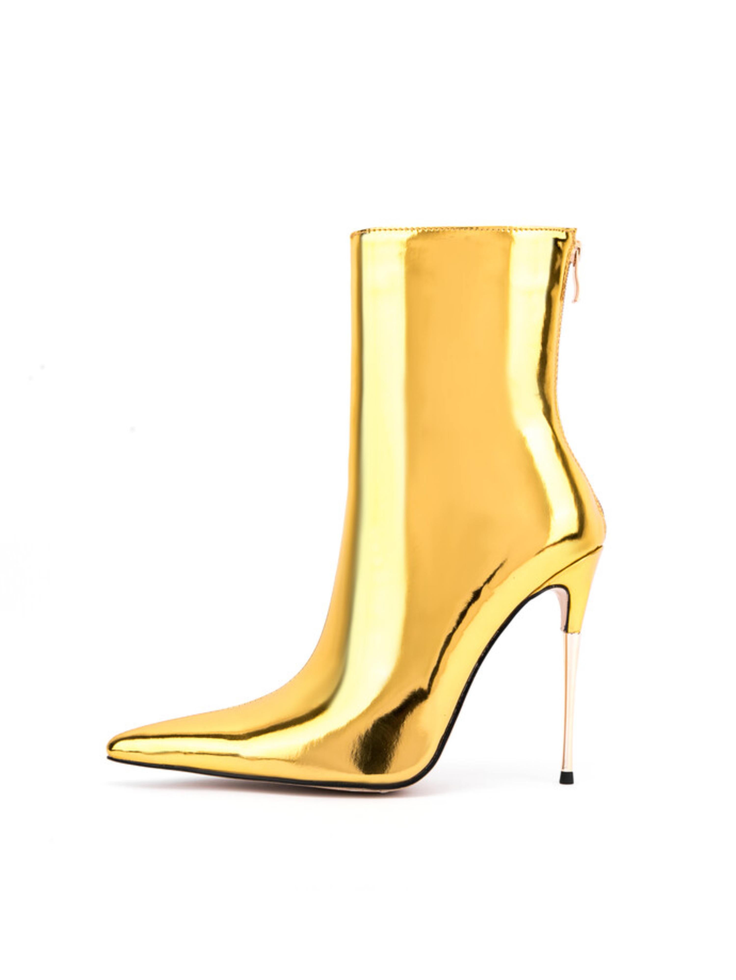 Gold Mirror Finish Pointed Stiletto High Heels Ankle Boots