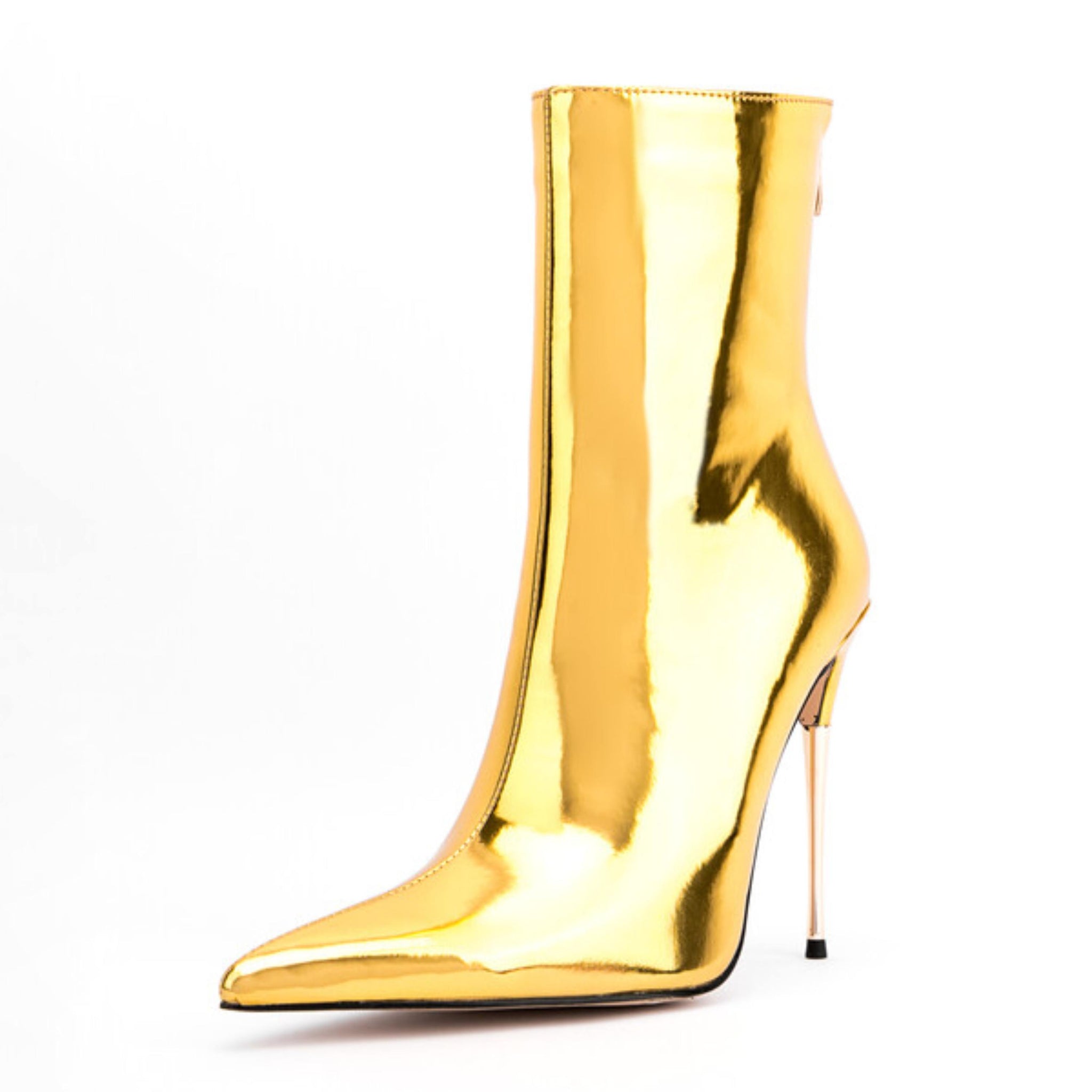 Gold Mirror Finish Pointed Stiletto High Heels Ankle Boots