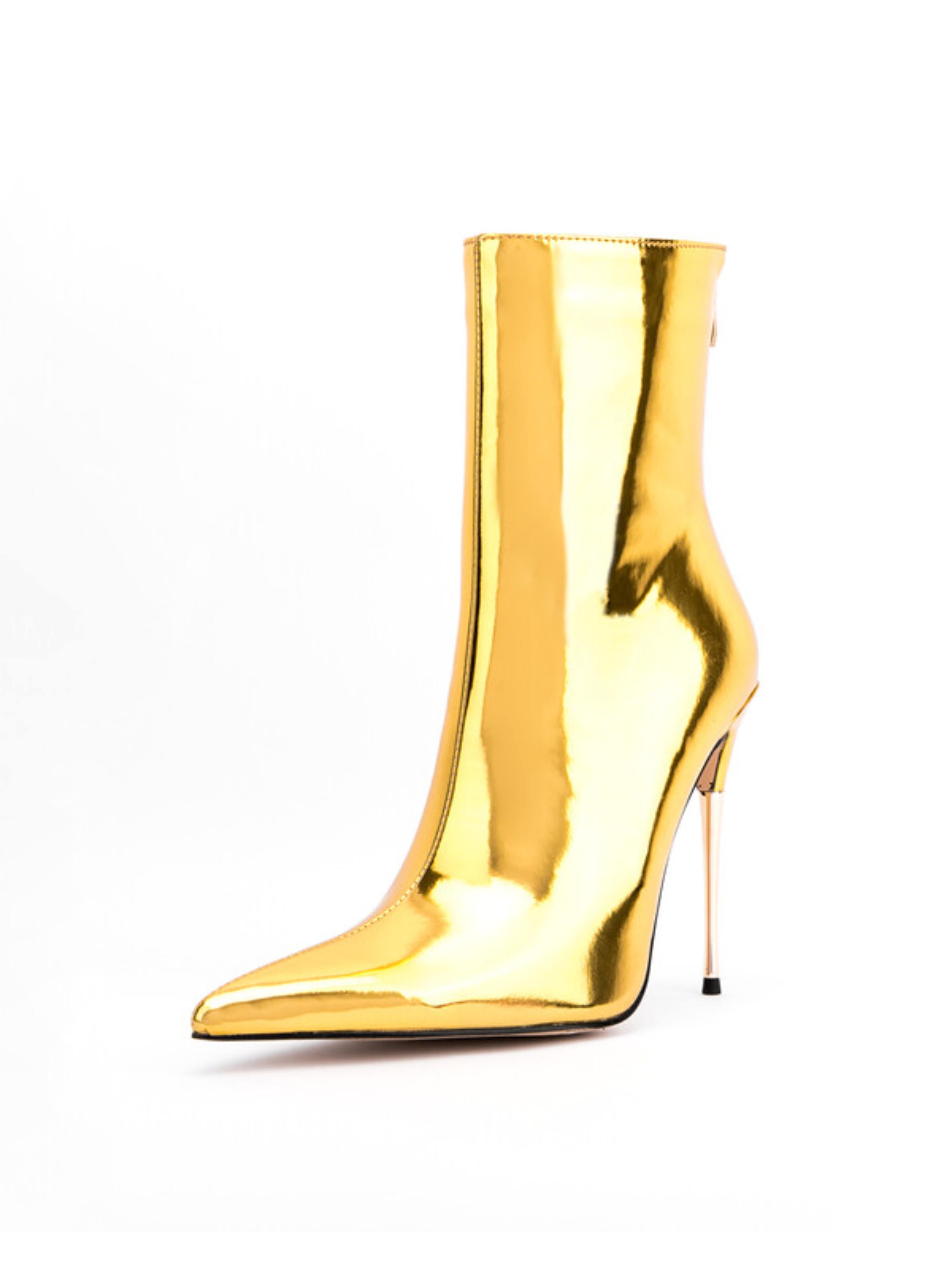 Gold Mirror Finish Pointed Stiletto High Heels Ankle Boots