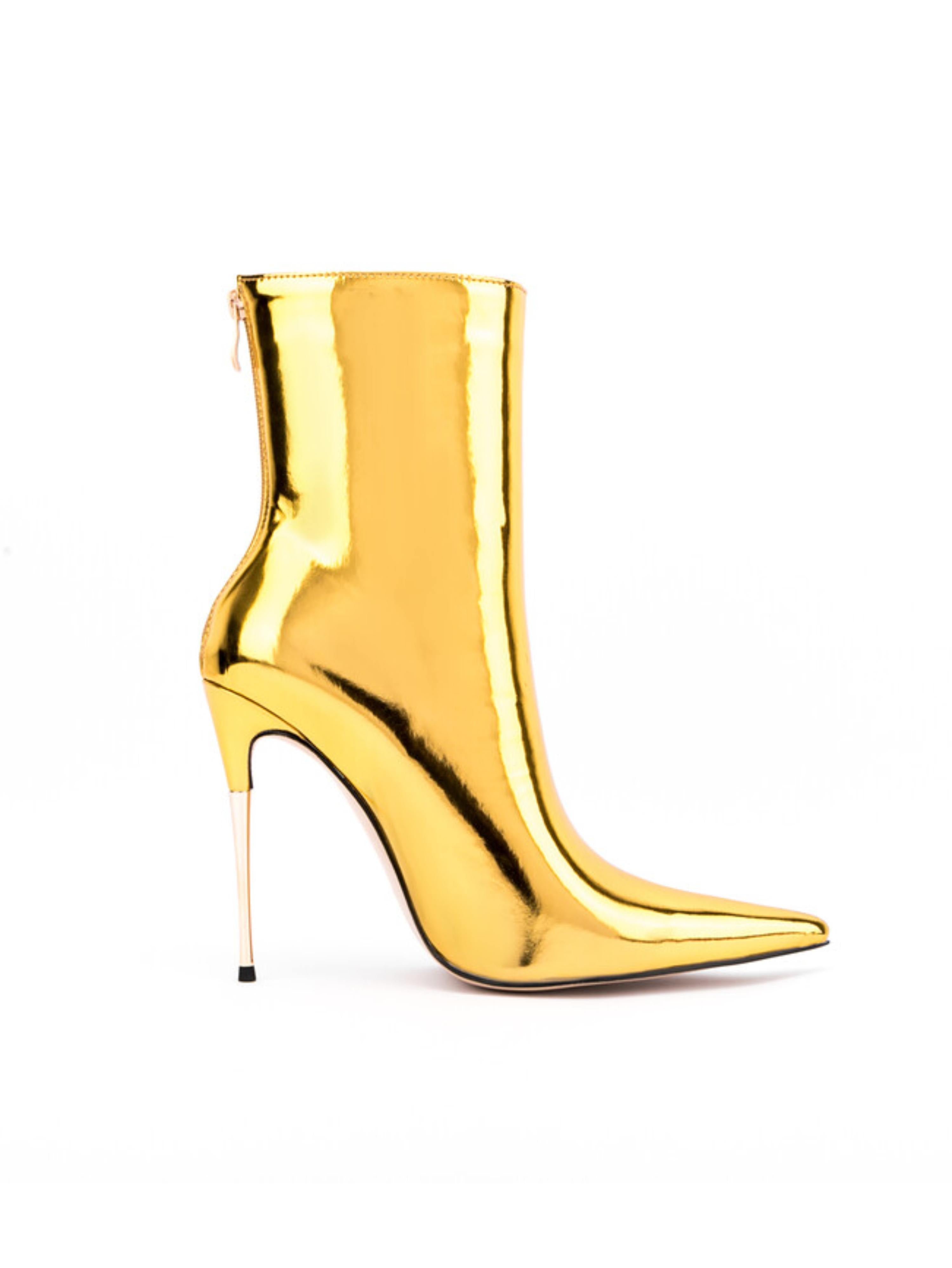 Gold Mirror Finish Pointed Stiletto High Heels Ankle Boots