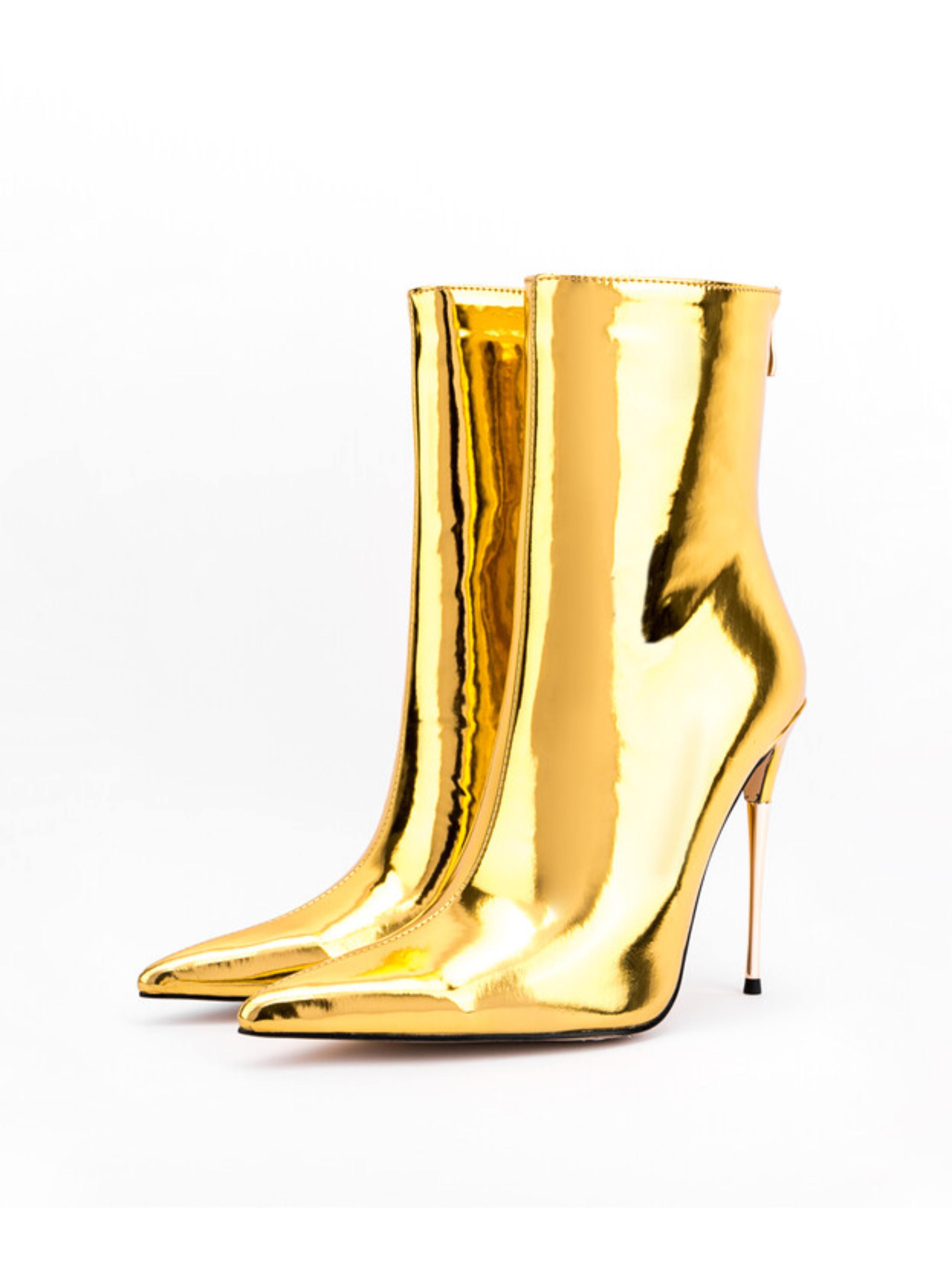 Gold Mirror Finish Pointed Stiletto High Heels Ankle Boots