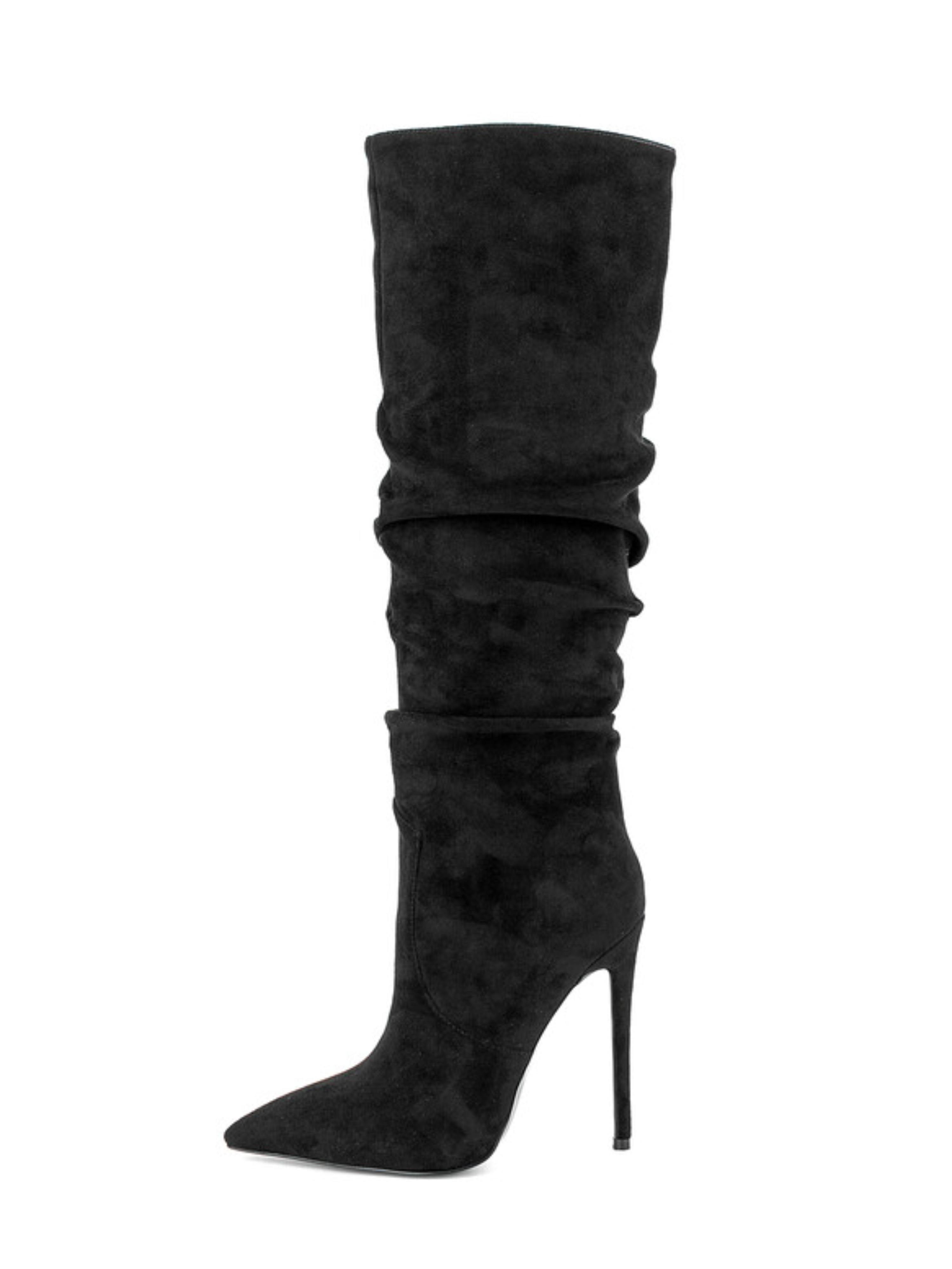 Black Slip-On Slouchy Knee-High Heeled Boots for Women