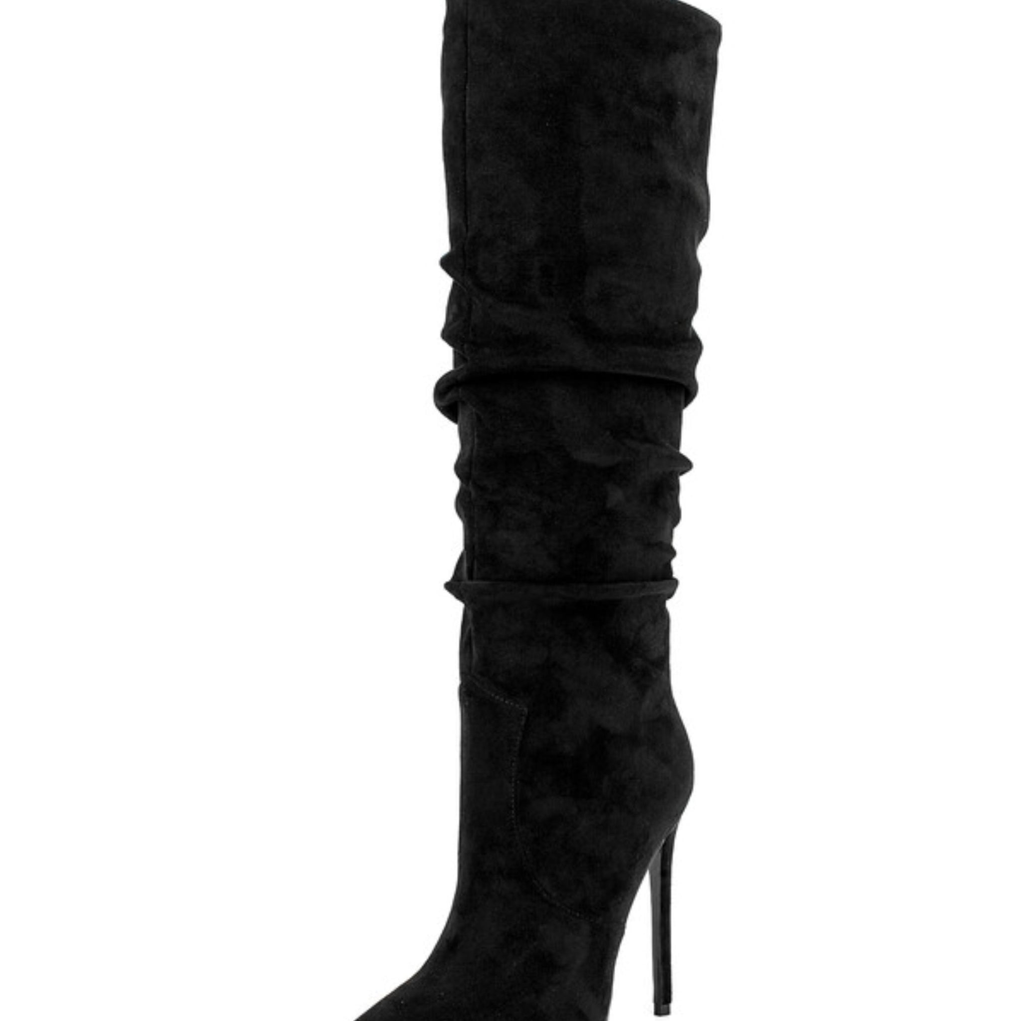 Black Slip-On Slouchy Knee-High Heeled Boots for Women