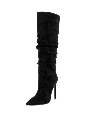 Black Slip-On Slouchy Knee-High Heeled Boots for Women