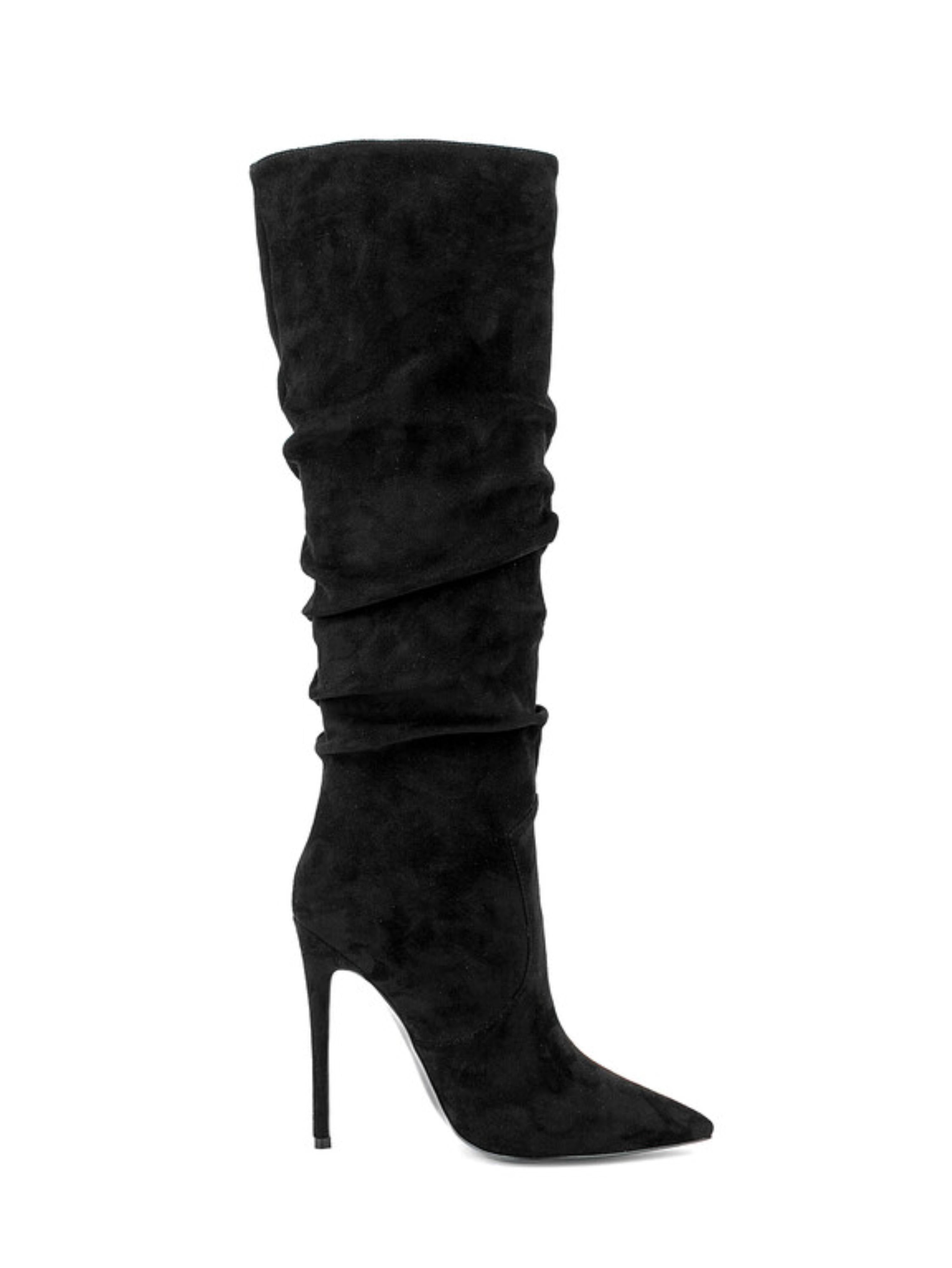 Black Slip-On Slouchy Knee-High Heeled Boots for Women