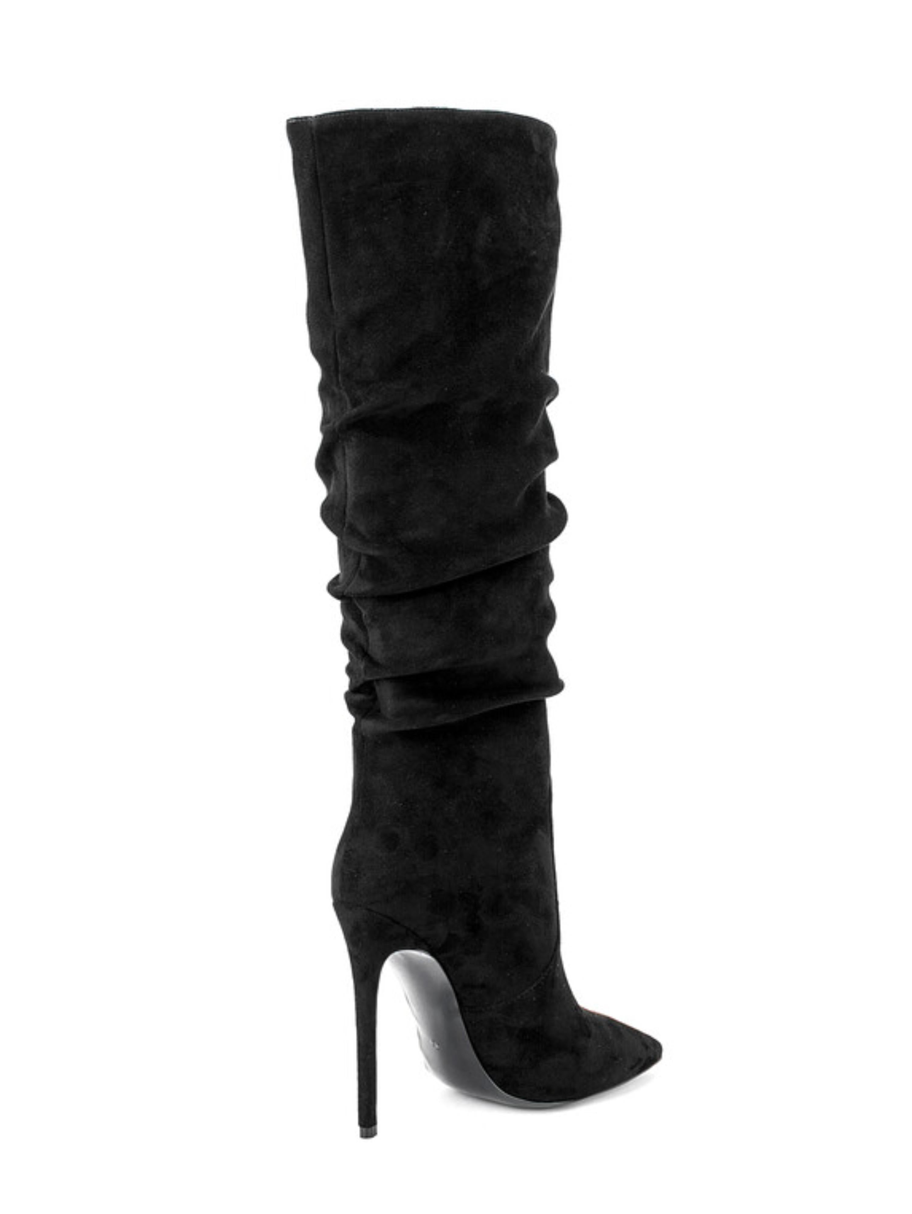 Black Slip-On Slouchy Knee-High Heeled Boots for Women
