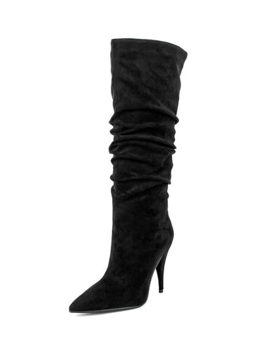 Black Pointed Toe Slouchy Knee-High Boots with Stiletto Heels