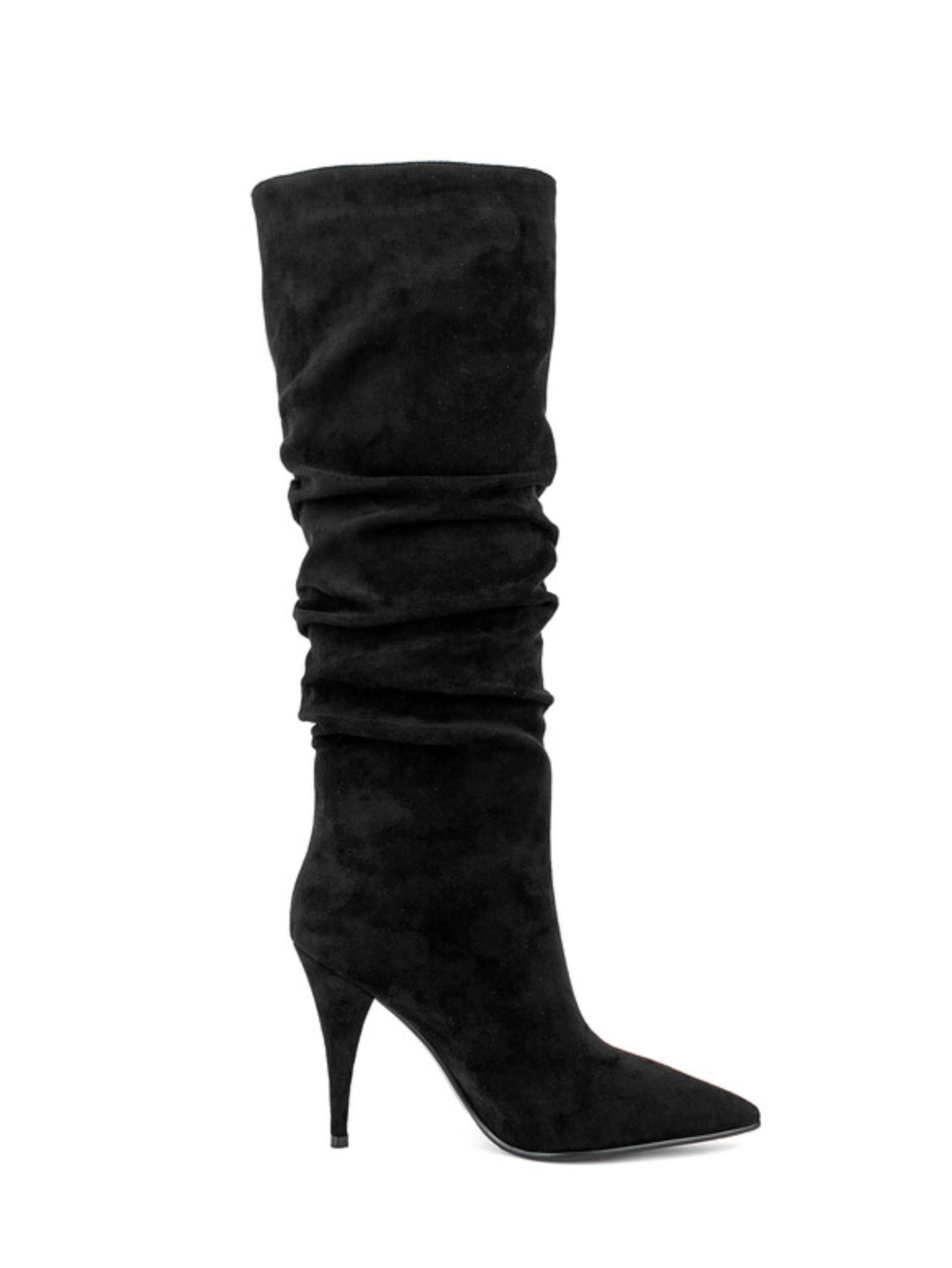 Black Pointed Toe Slouchy Knee-High Boots with Stiletto Heels