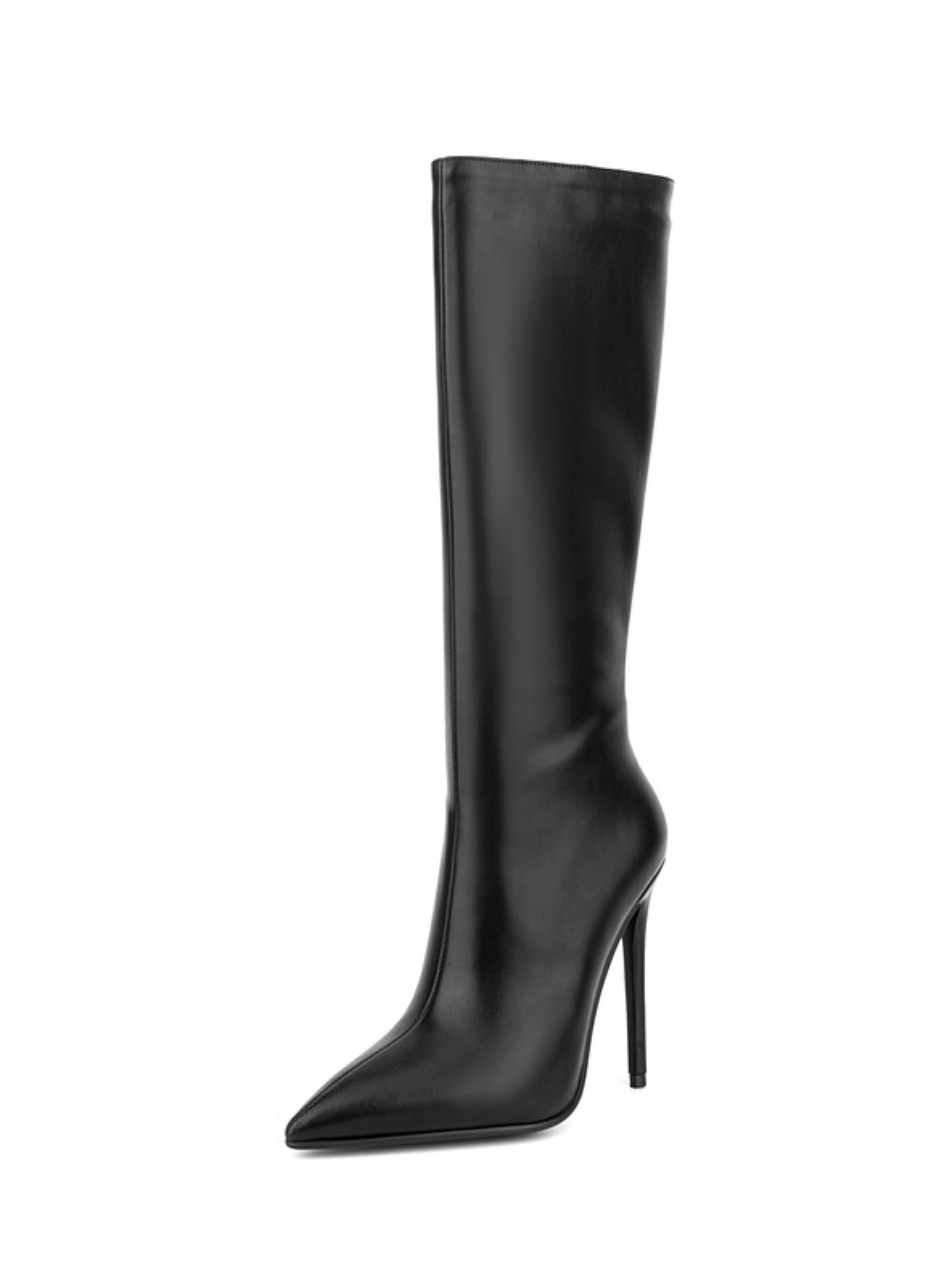 Black Faux Leather Pointed Toe Long Boots for Women