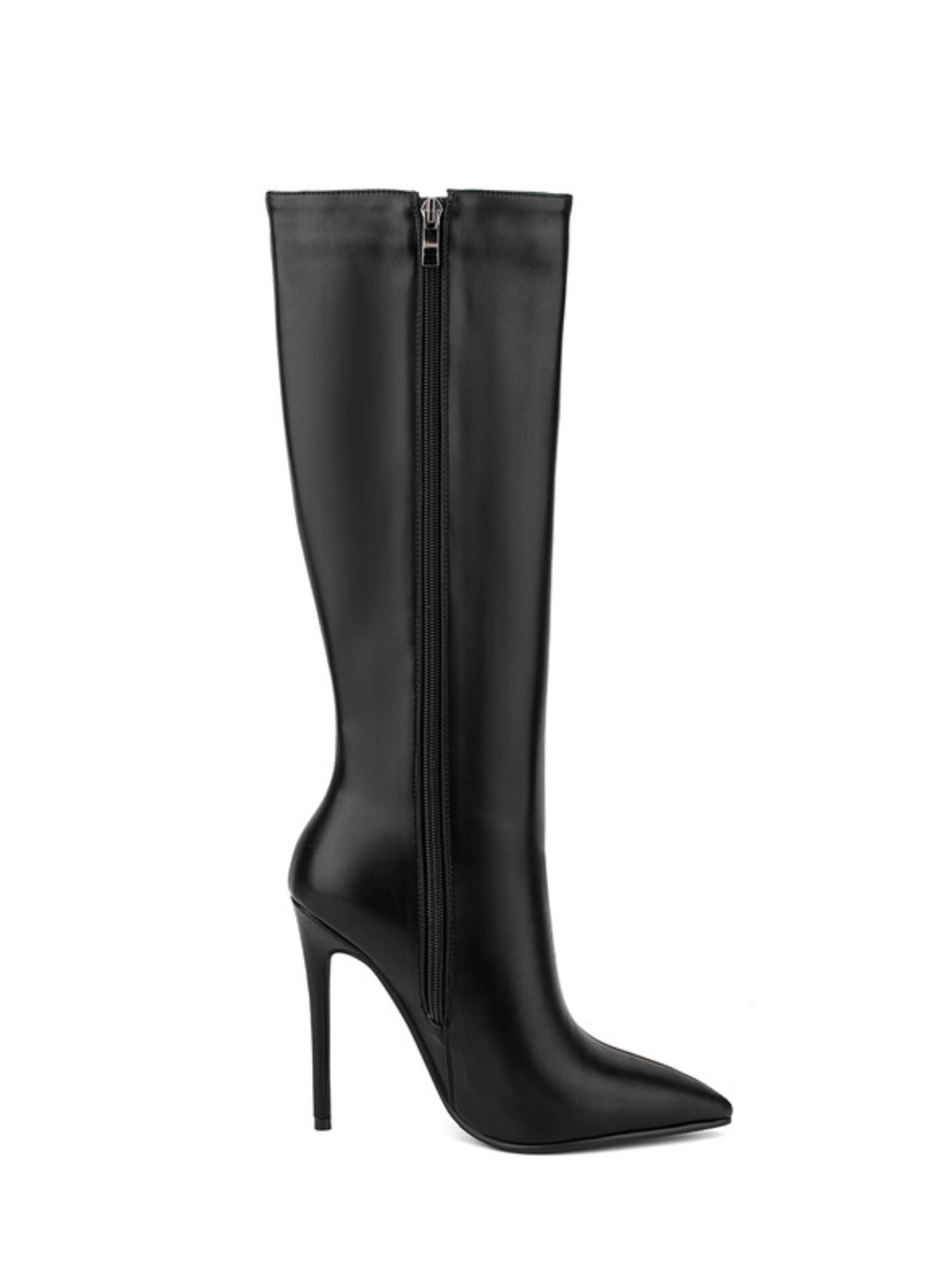 Black Faux Leather Pointed Toe Long Boots for Women