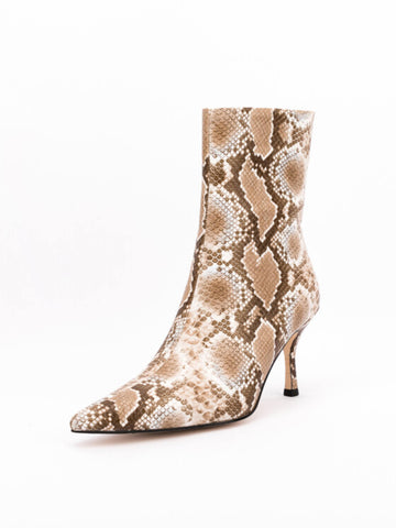 Beige Pointed Toe Snakeskin Pattern Short Booties for Women