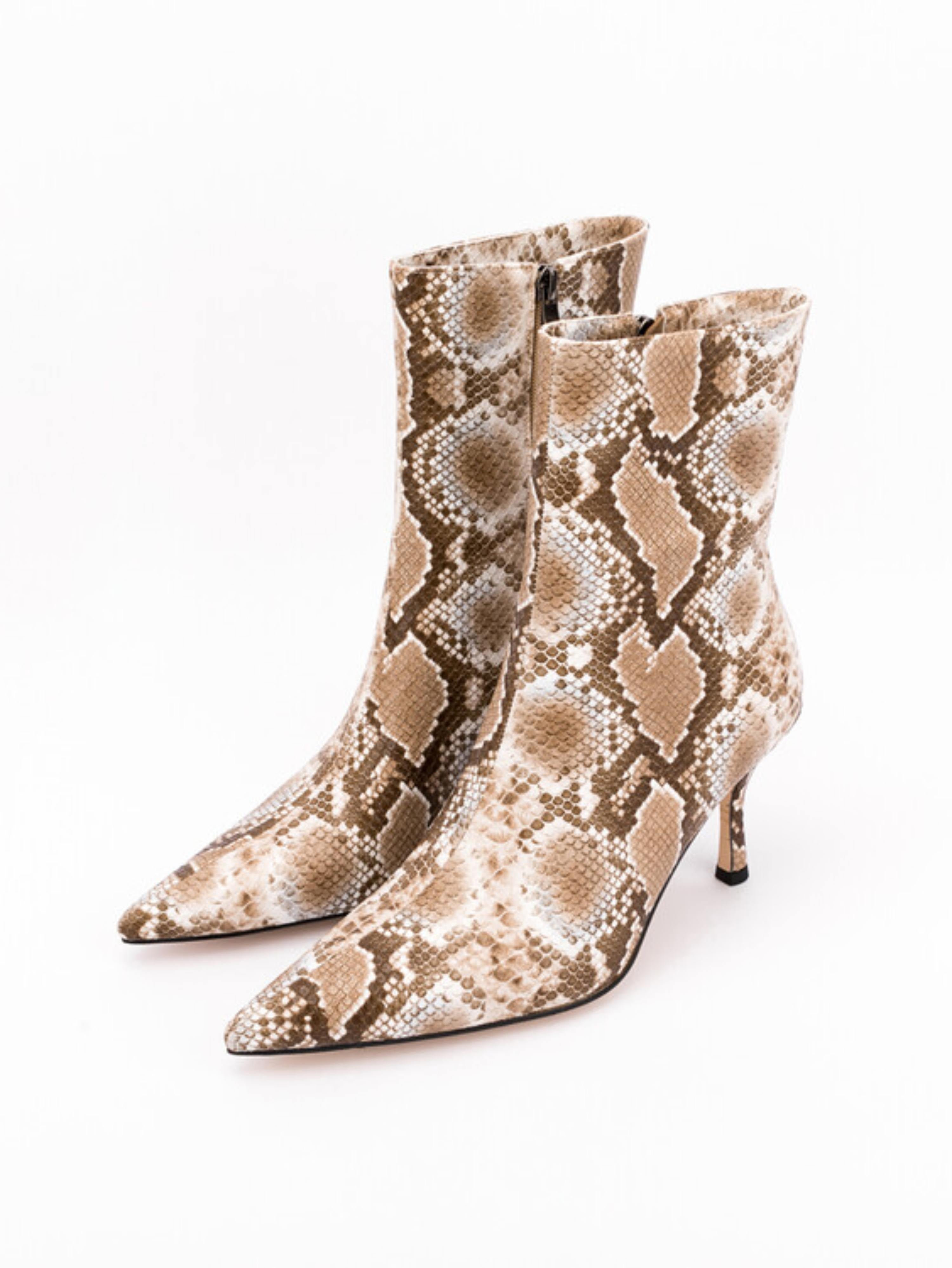 Beige Pointed Toe Snakeskin Pattern Short Booties for Women