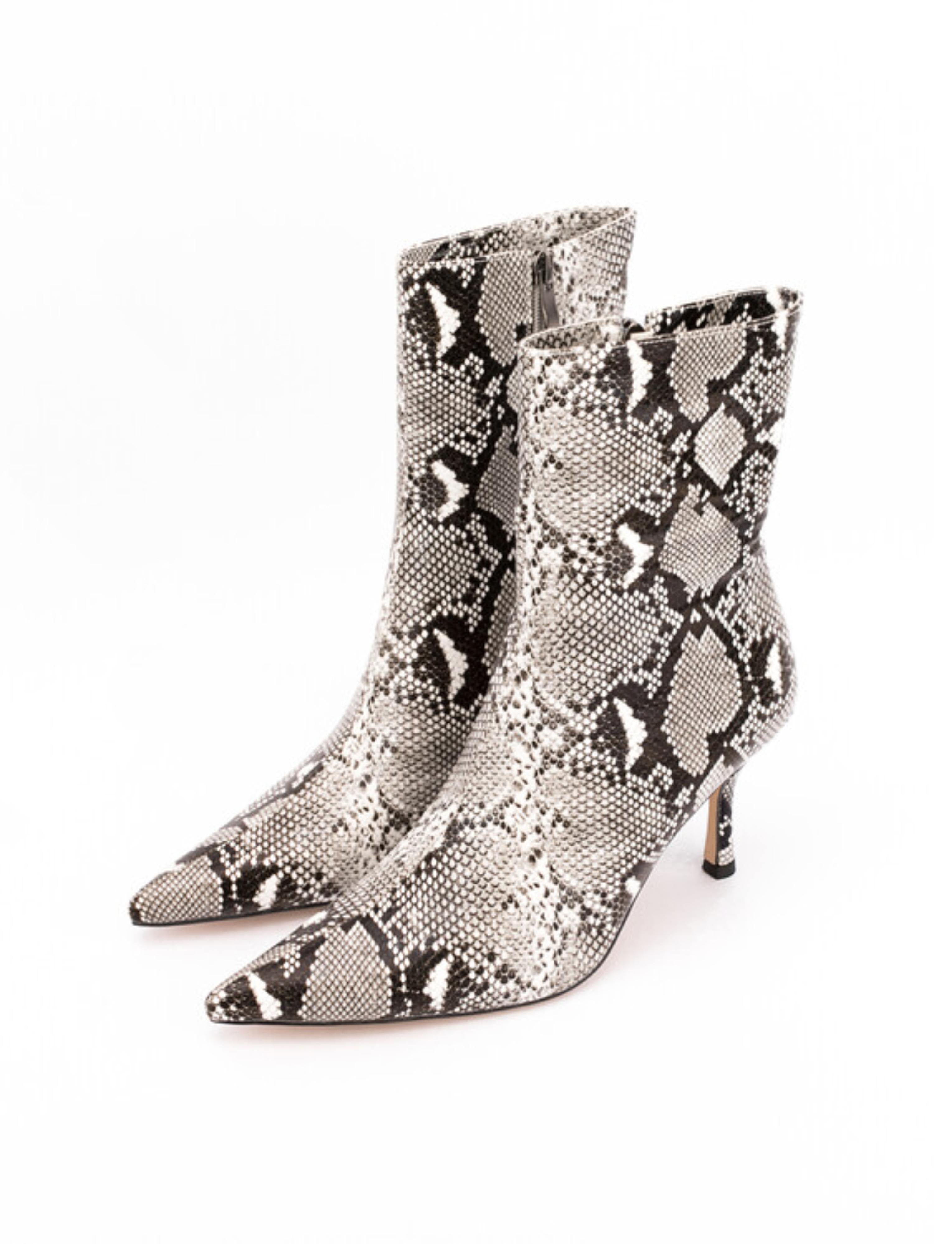 Black and Grey Snake Print Heeled Ankle Boots for Women