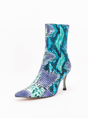 Sky Blue Snakeskin Pattern Stiletto Heels Ankle Pointed Toe Boots