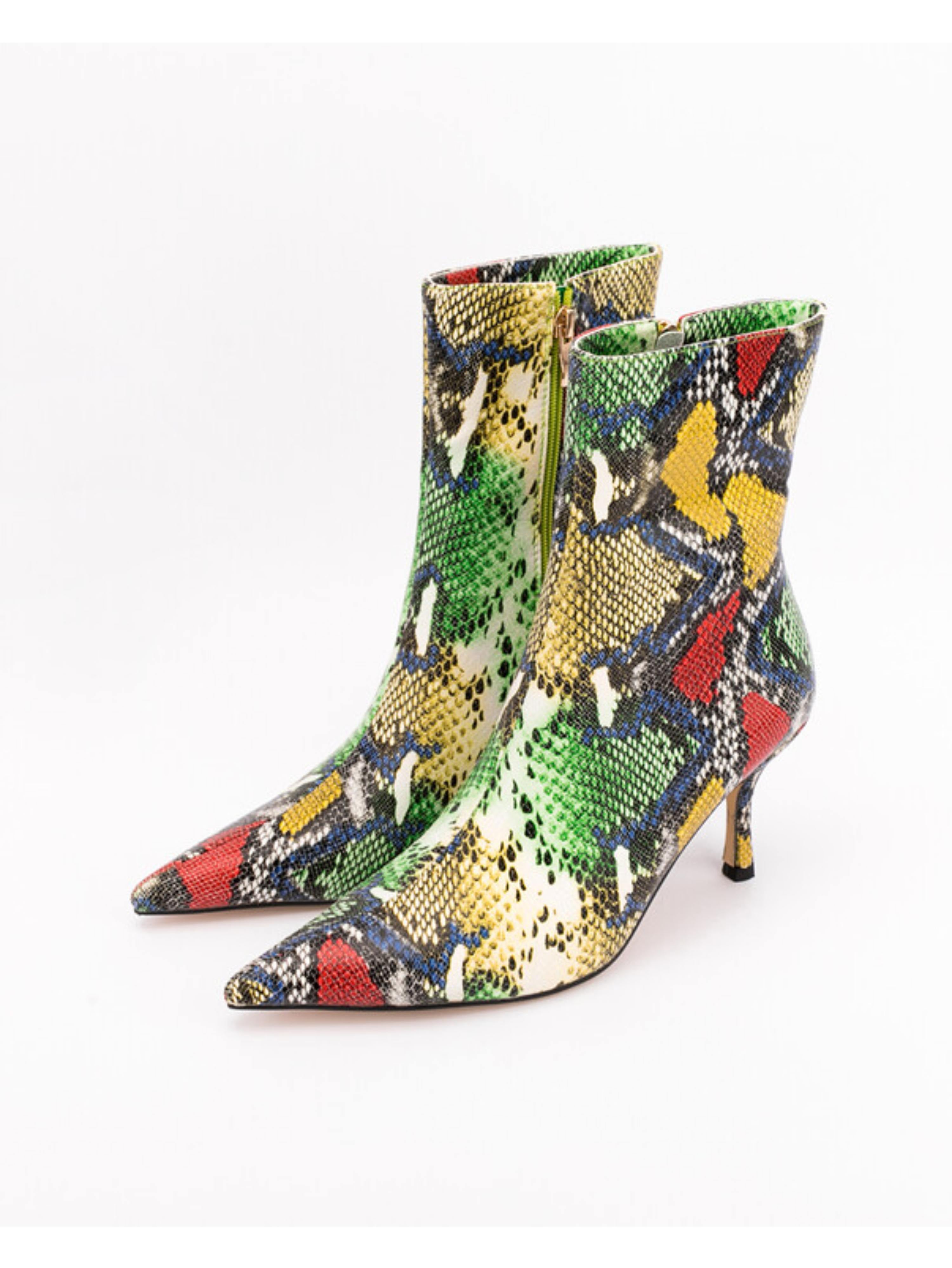 Multicolor Python Pattern Heeled Short Boots for Women