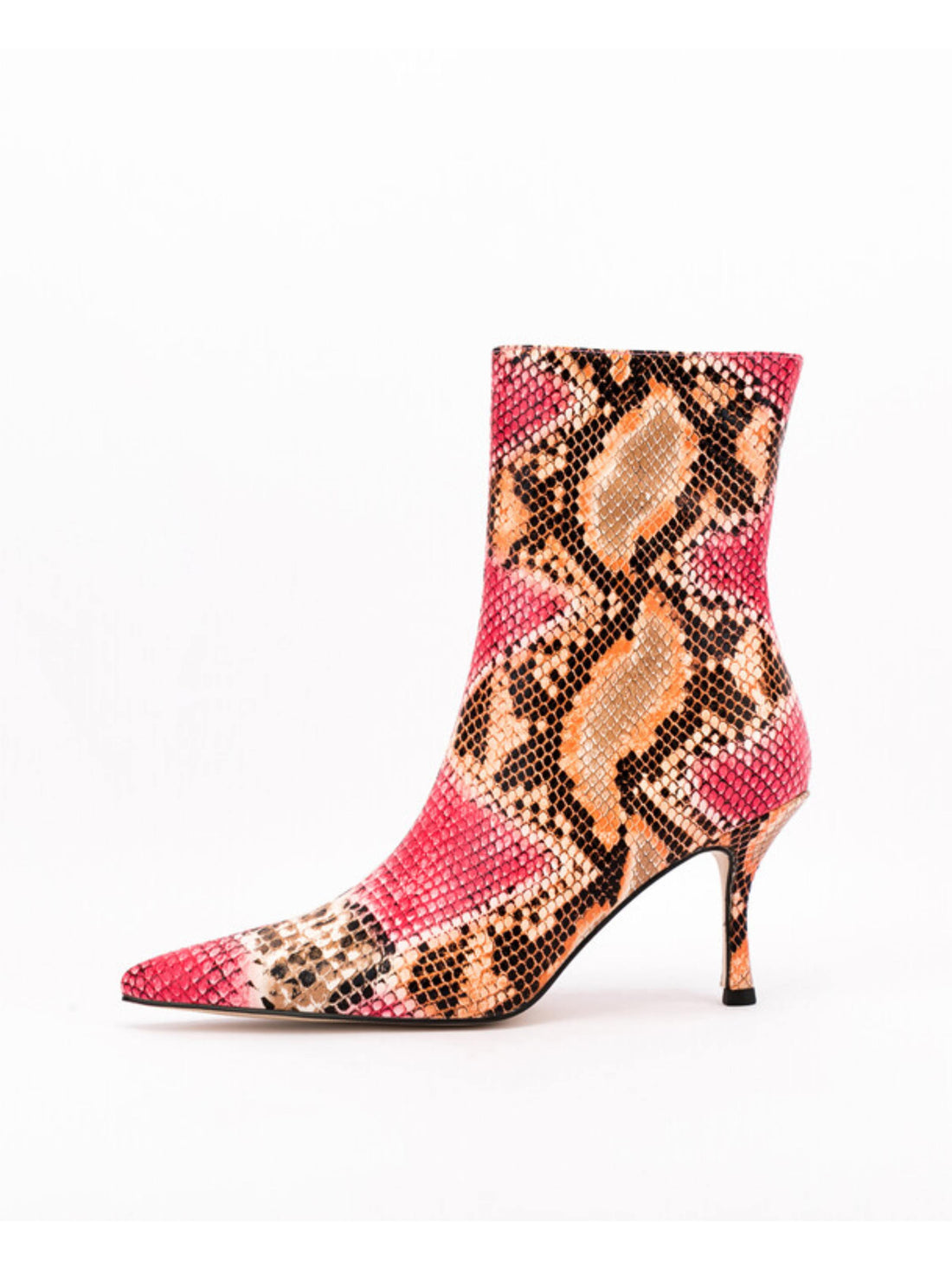 Bold Pink Snake Print Pointed Toe Ankle Boots
