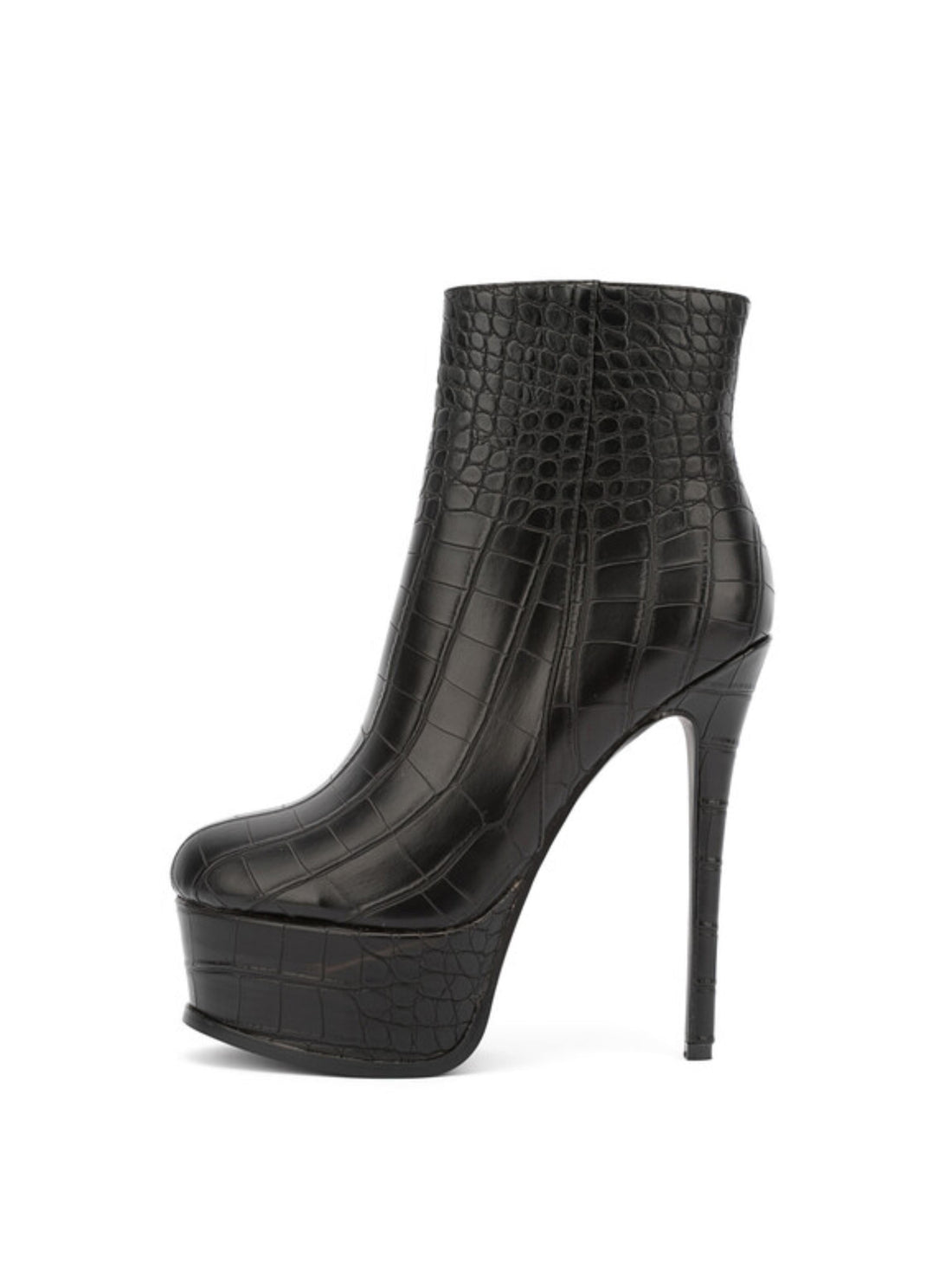 Black Croc-Embossed High Heels Platform Ankle Boots