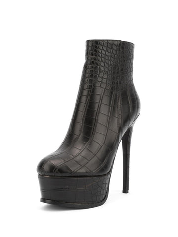 Black Croc-Embossed High Heels Platform Ankle Boots