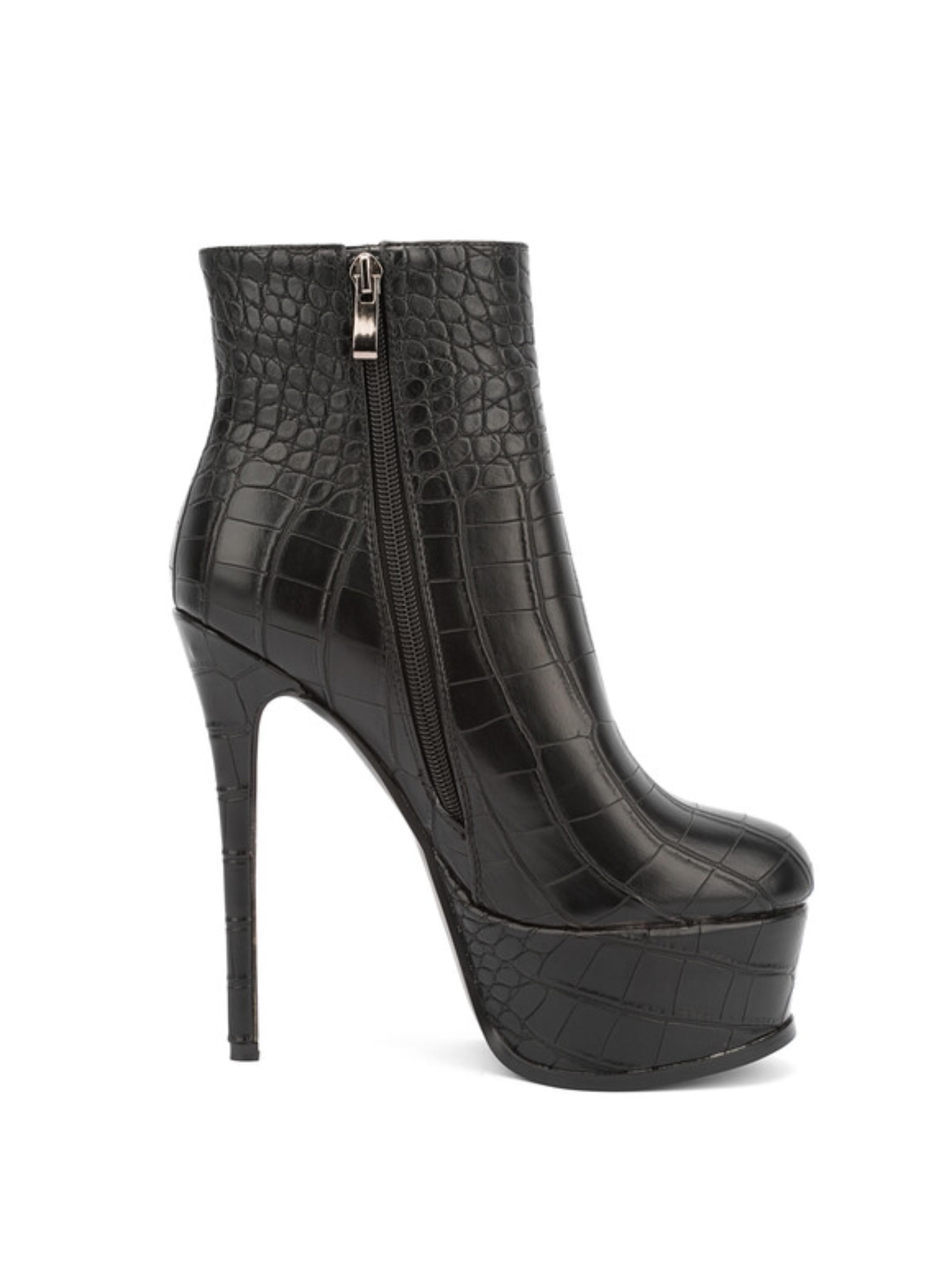 Black Croc-Embossed High Heels Platform Ankle Boots