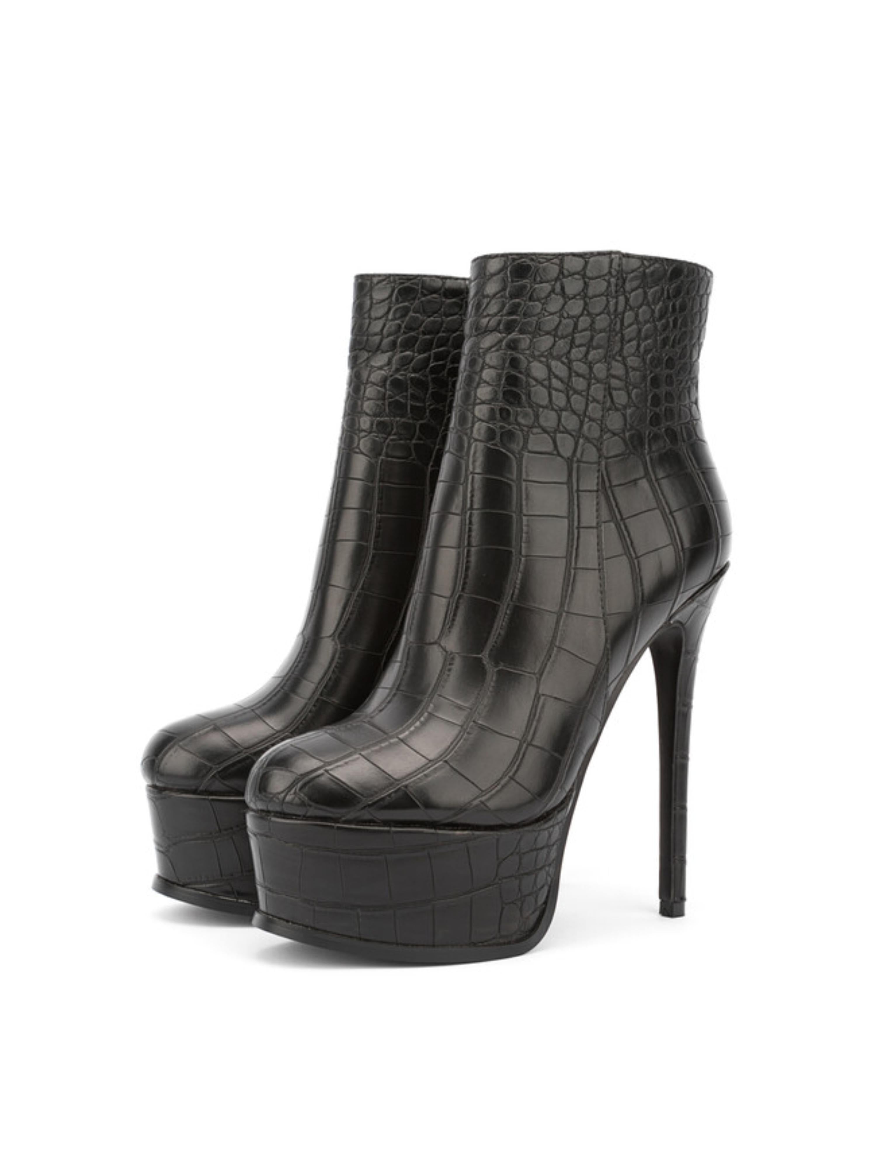 Black Croc-Embossed High Heels Platform Ankle Boots