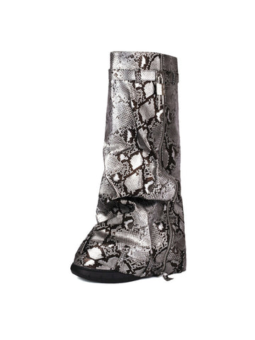 Black Snakeskin Print Long Buckled Fold Over Boots for Women