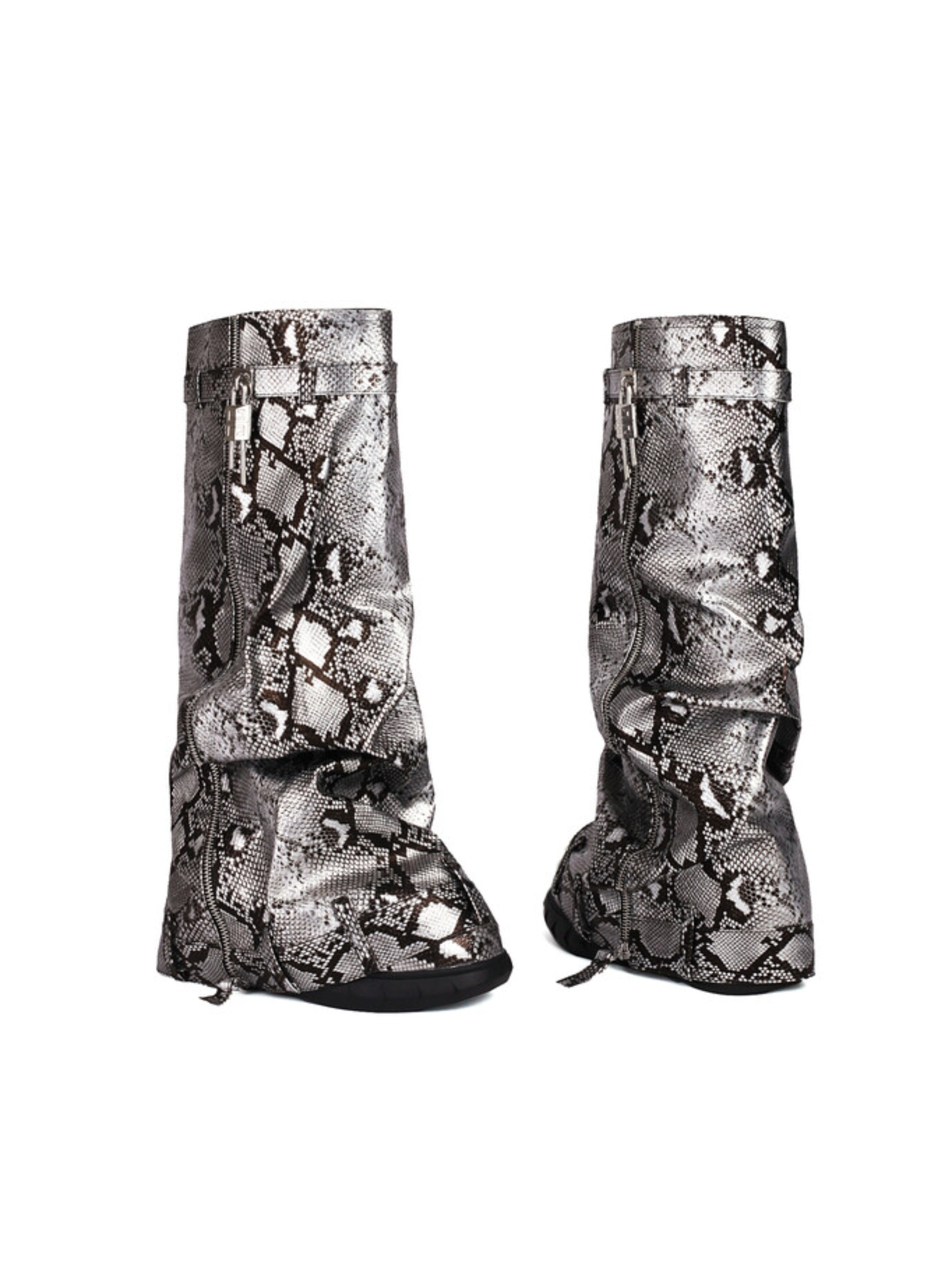 Black Snakeskin Print Long Buckled Fold Over Boots for Women