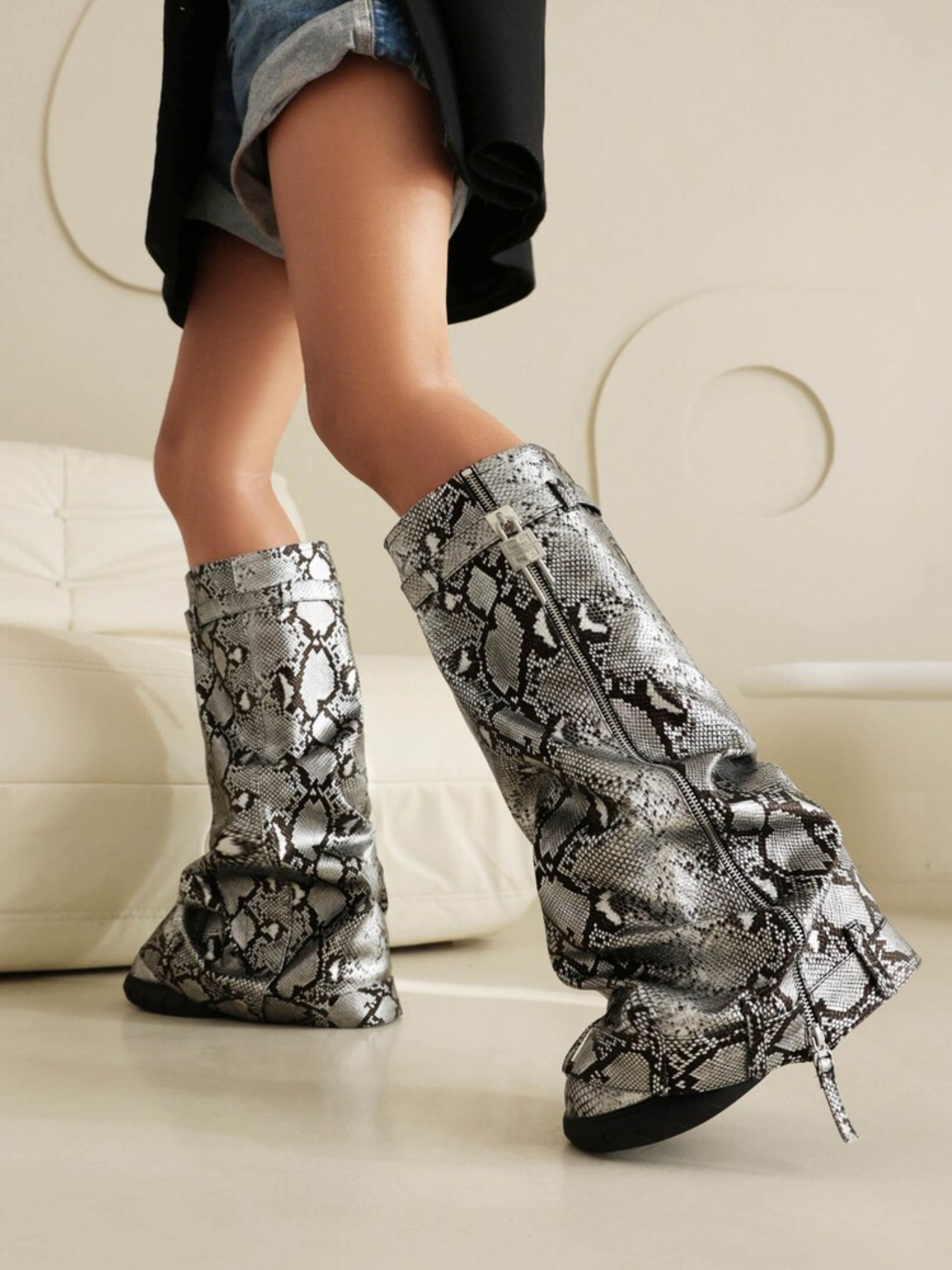 Black Snakeskin Print Long Buckled Fold Over Boots for Women