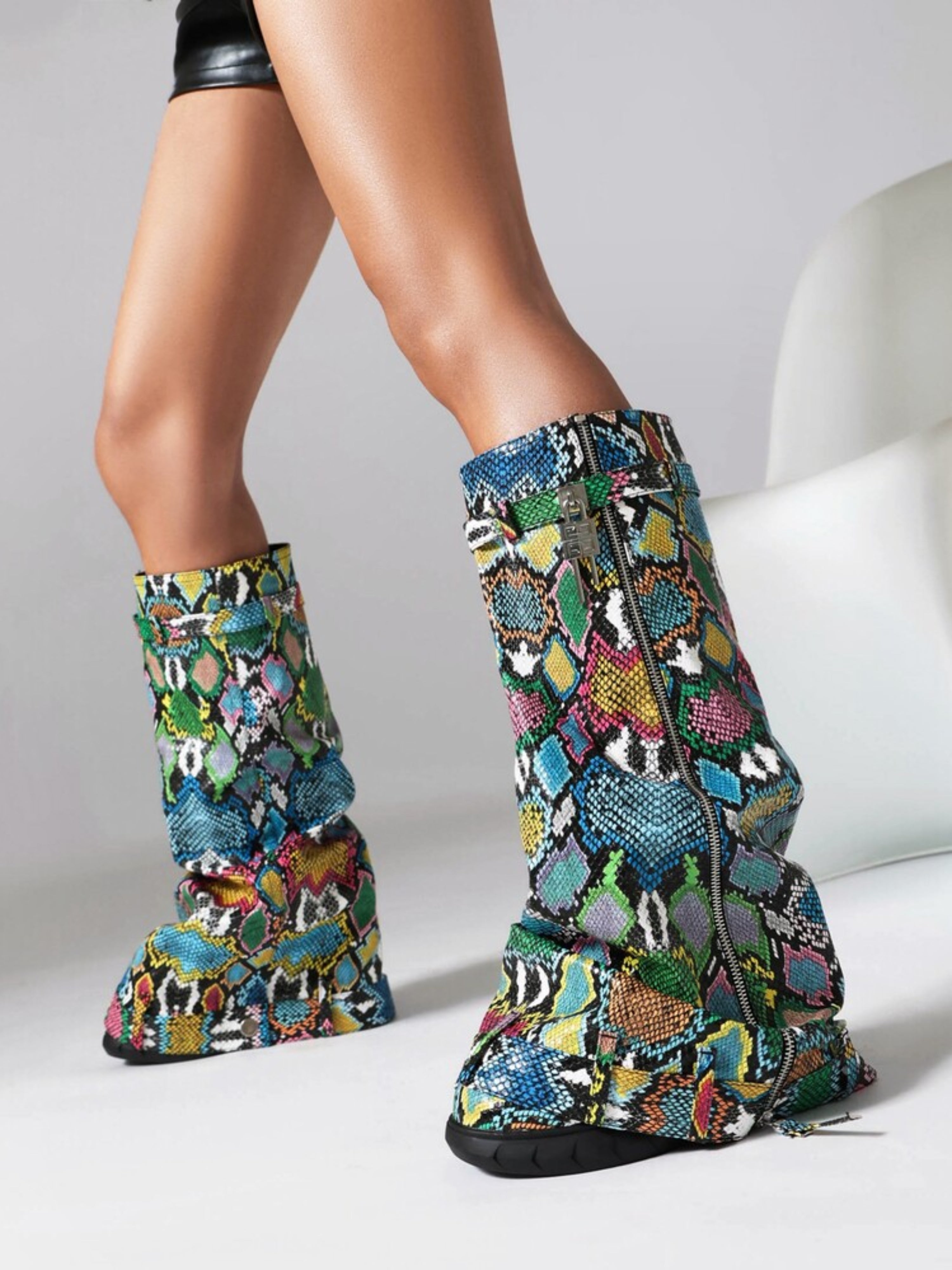Multicolor Buckled Fold Over Women's Long Boots with Wedge Heels