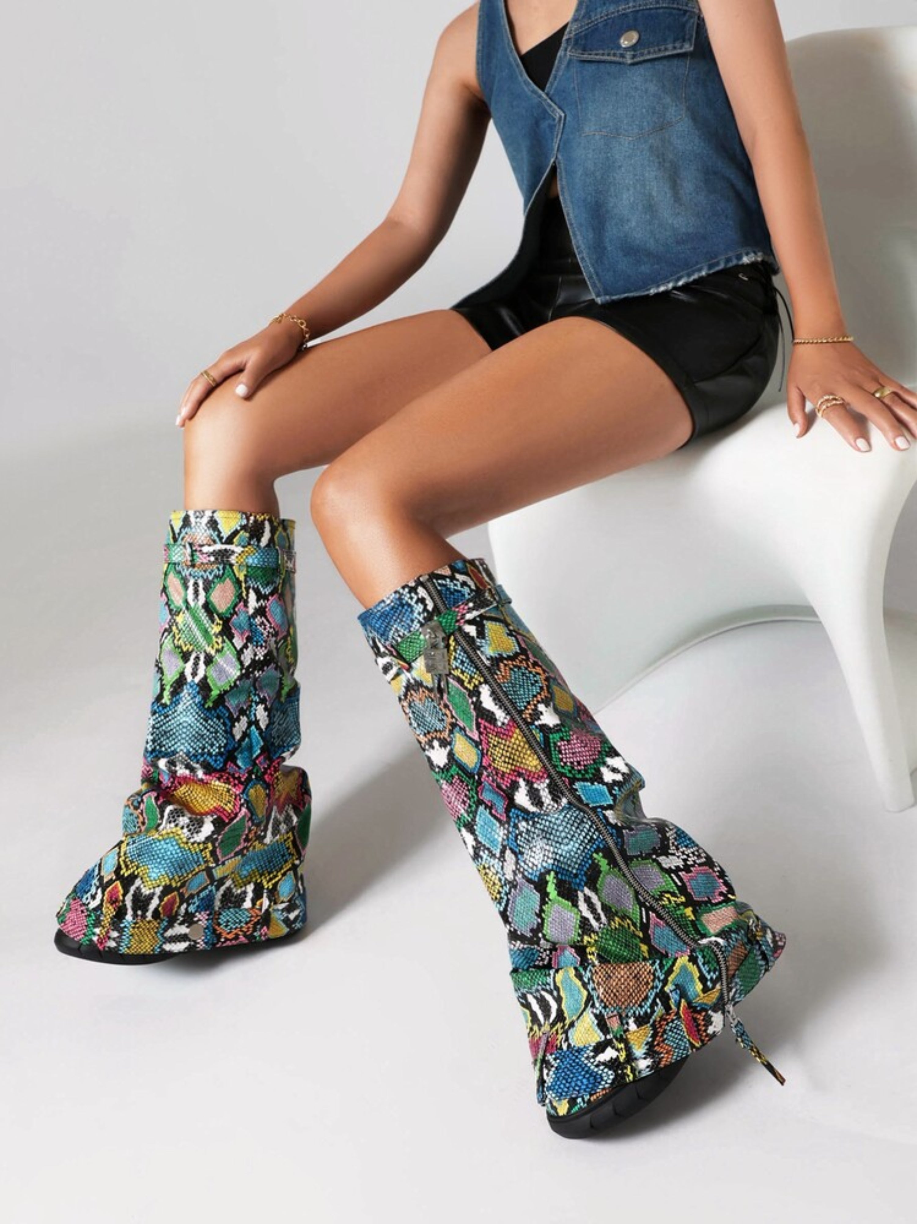 Multicolor Buckled Fold Over Women's Long Boots with Wedge Heels