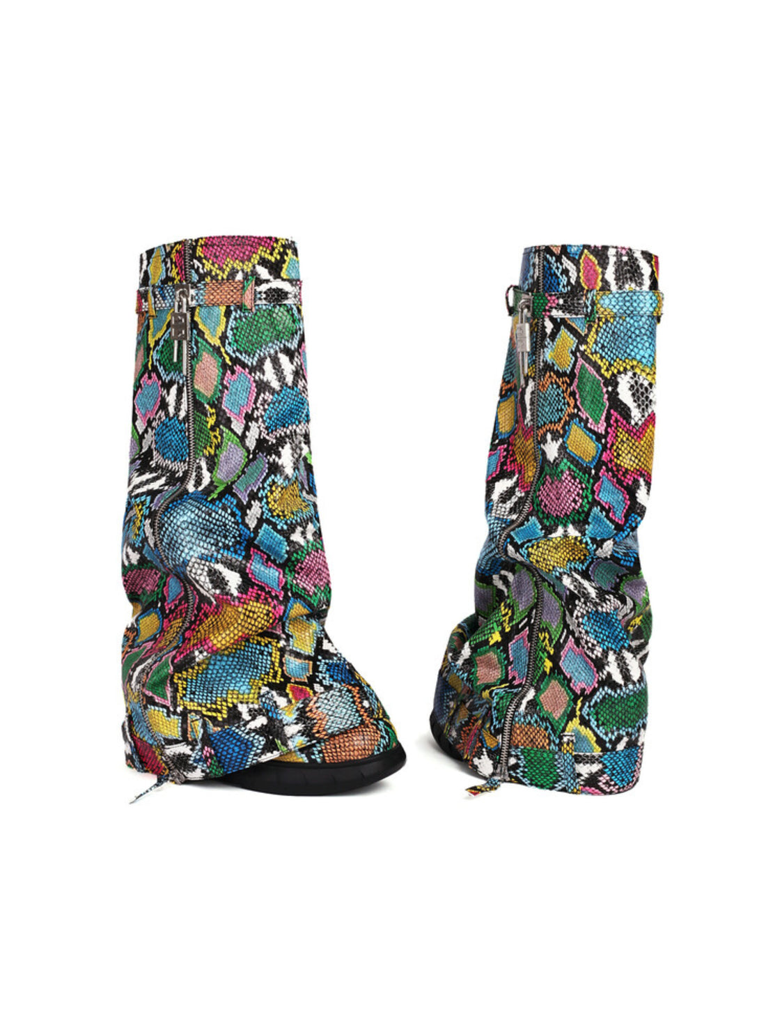 Multicolor Buckled Fold Over Women's Long Boots with Wedge Heels