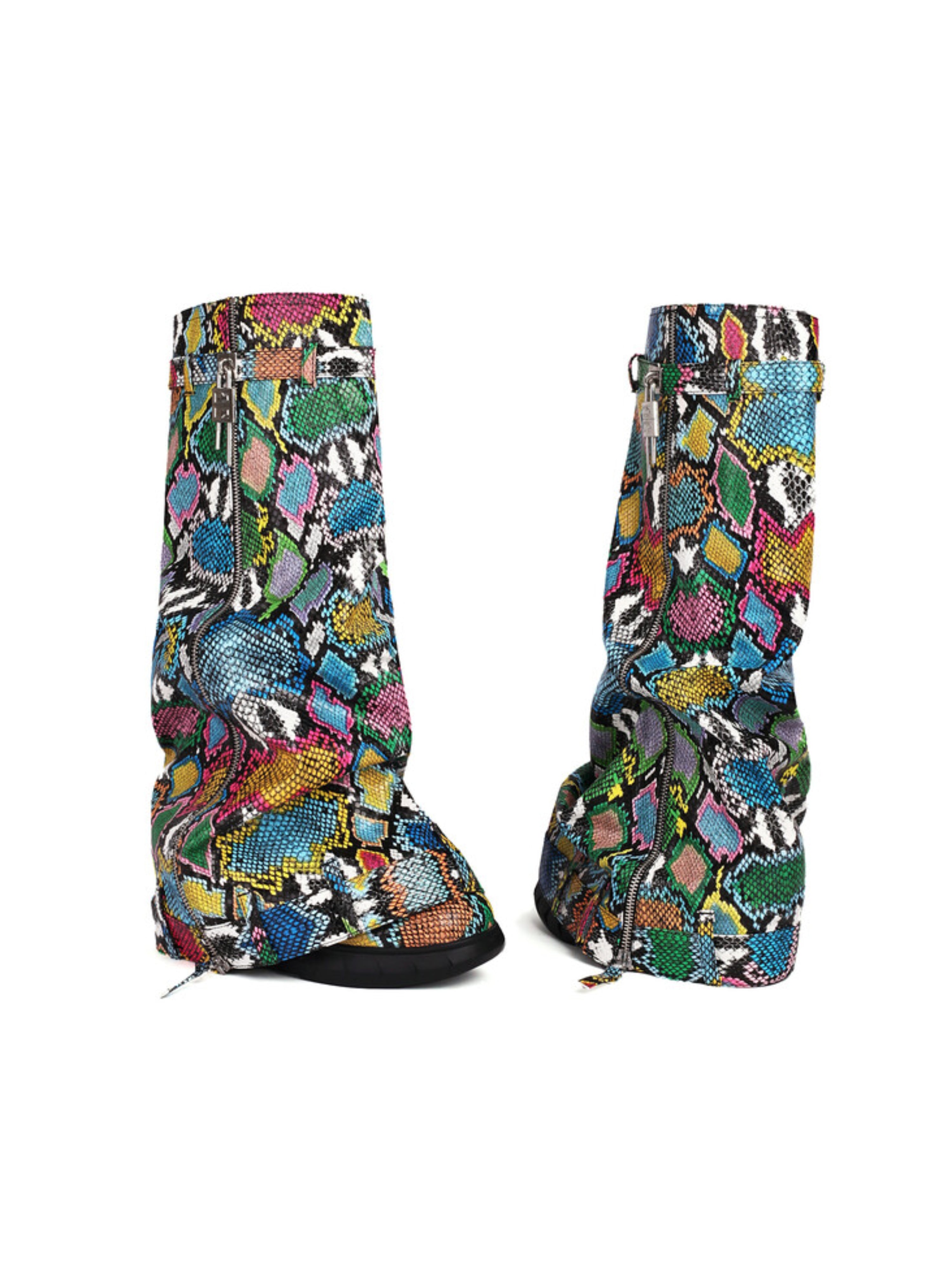 Multicolor Buckled Fold Over Women's Long Boots with Wedge Heels