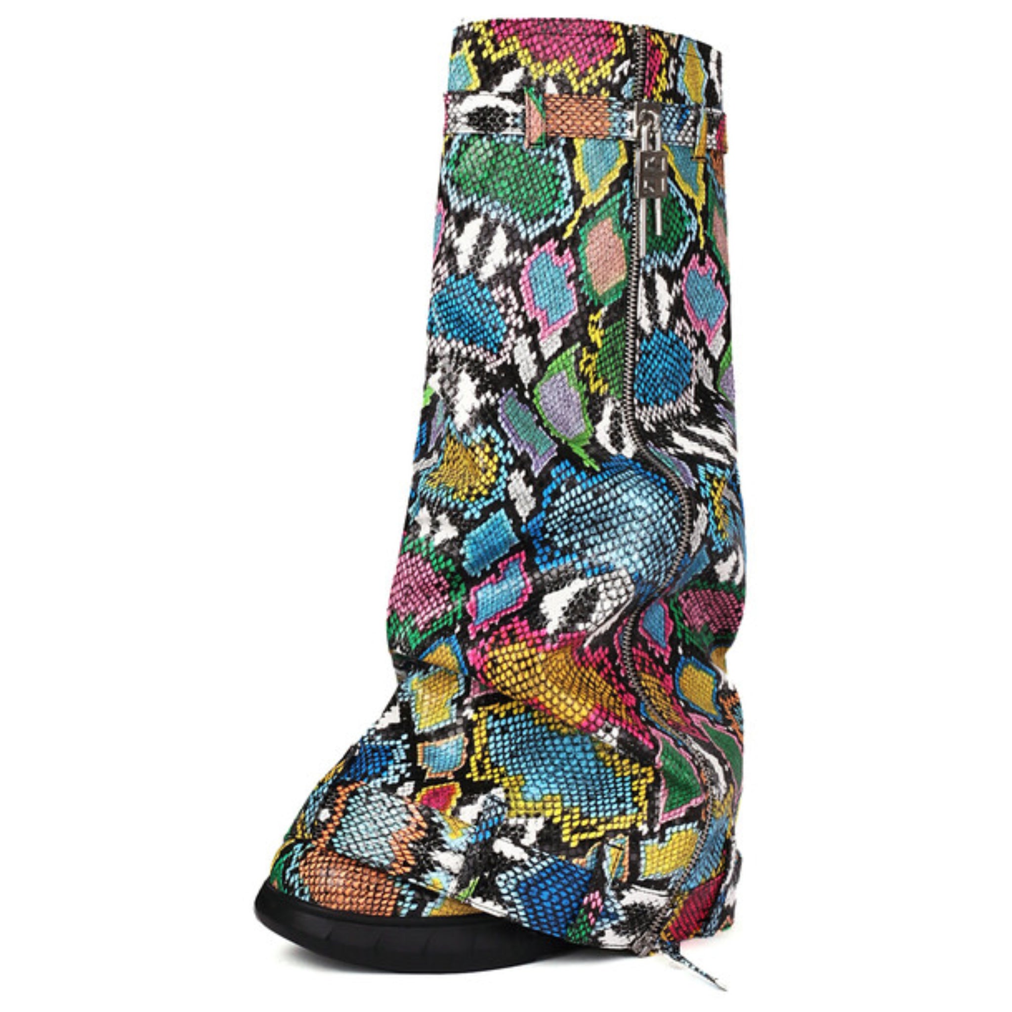 Multicolor Buckled Fold Over Women's Long Boots with Wedge Heels