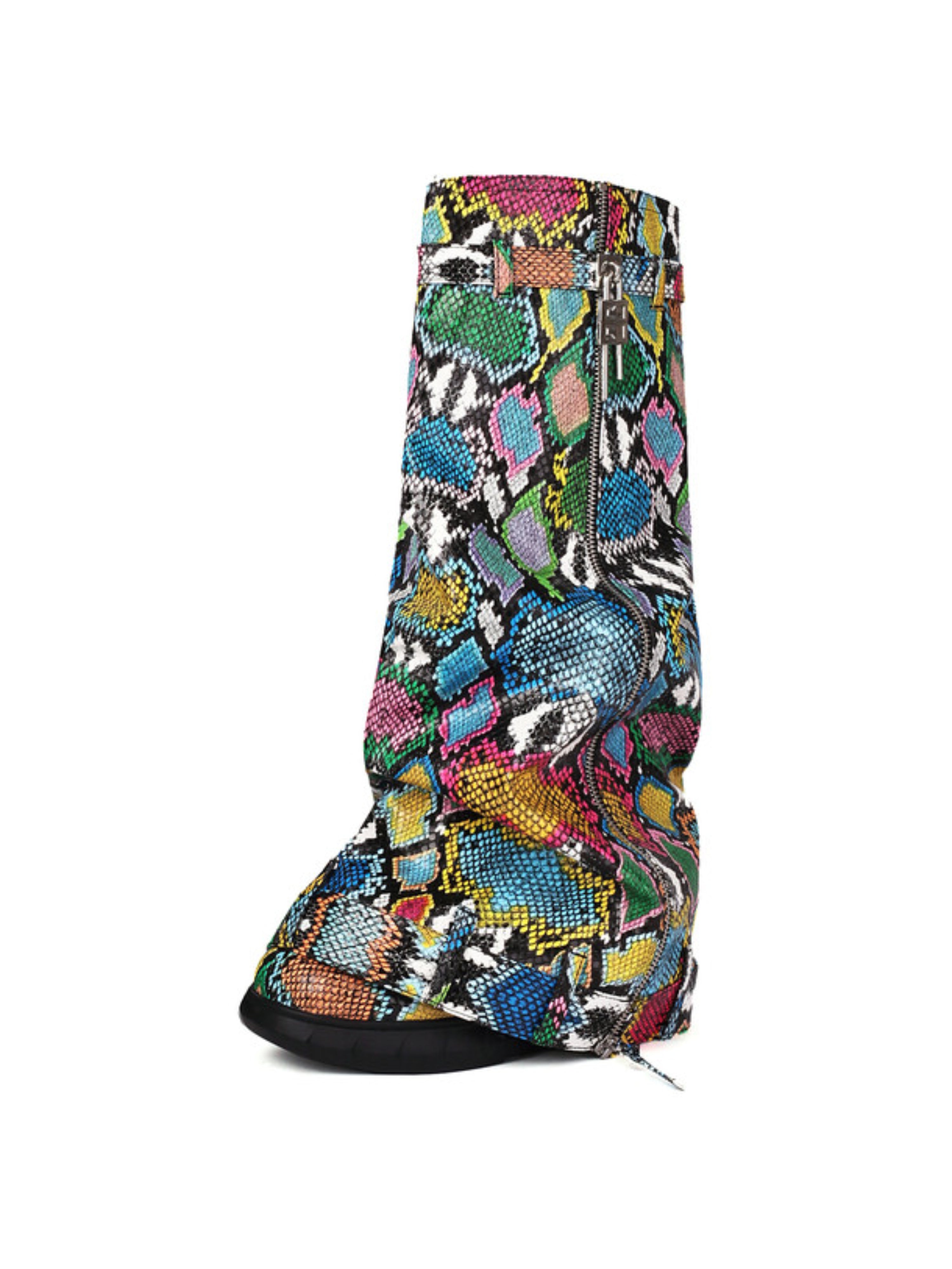 Multicolor Buckled Fold Over Women's Long Boots with Wedge Heels
