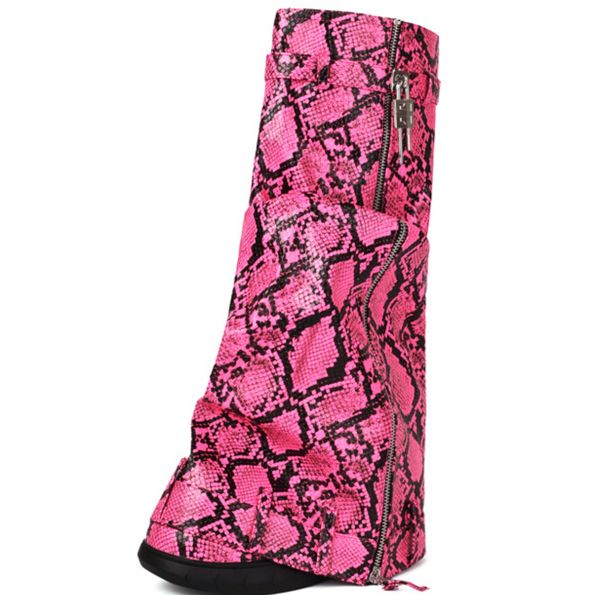 Pink Snakeskin Fold Over Platform Wedge Heel Tall Boots for Women